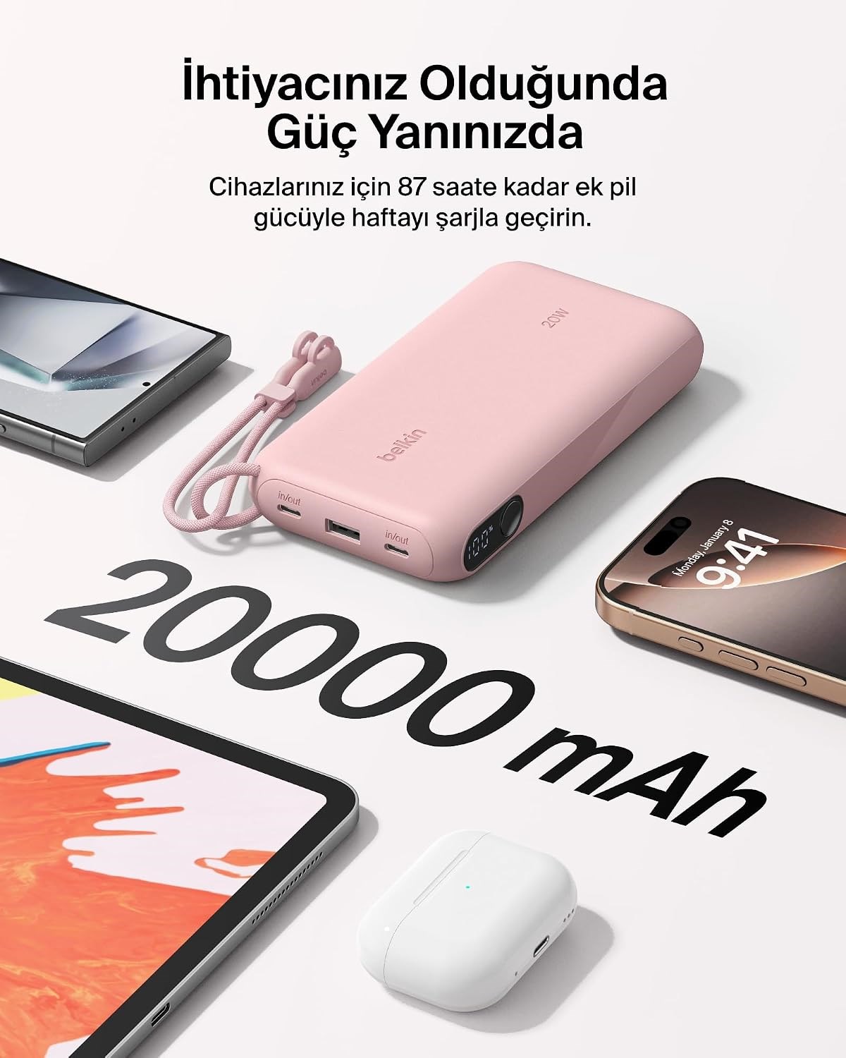 Belkin Boostcharge Power Bank 20000 Mah Display, PD 20W USB-C Kablolu, Pembe