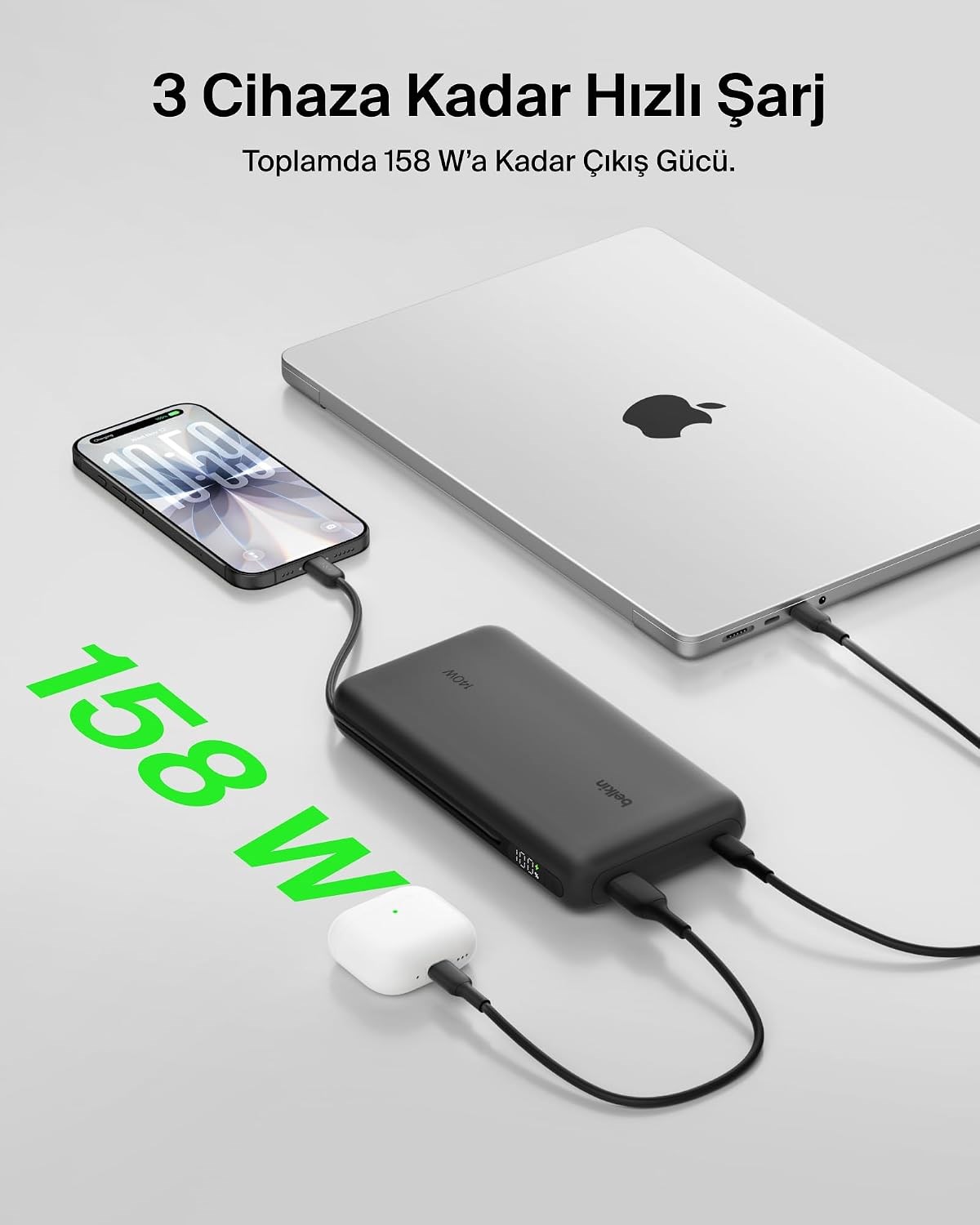 Belkin UltraCharge Pro 25000 mAh Dijital Ekranlı, 1 x USB-C Bağlantı Noktası + Entegre Kablo, 1 x USB-A, 158 W PD, Powerbank