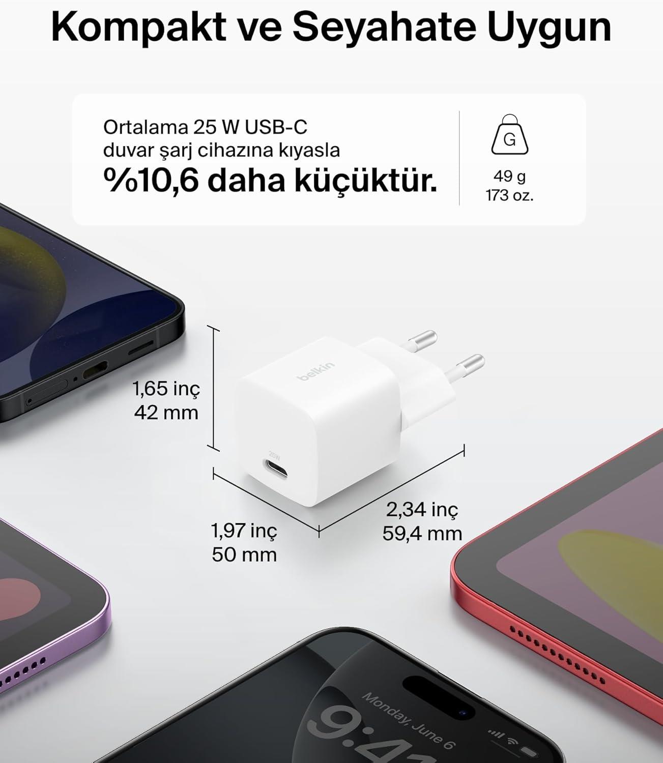 Belkin BoostCharge USB-C 25 W PD 3.0 PPS Hızlı Şarj Cihazı, Beyaz