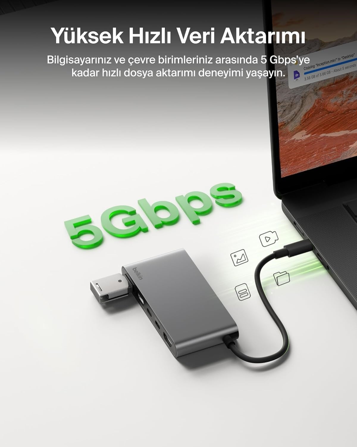 Belkin USB-C Hub, 5 Portlu, 60 Hz'de 4K HDMI Ekran Desteği, 100W Güç İletimi, 5Gbps  USB-C Çoklu Port Adaptörü, Gri