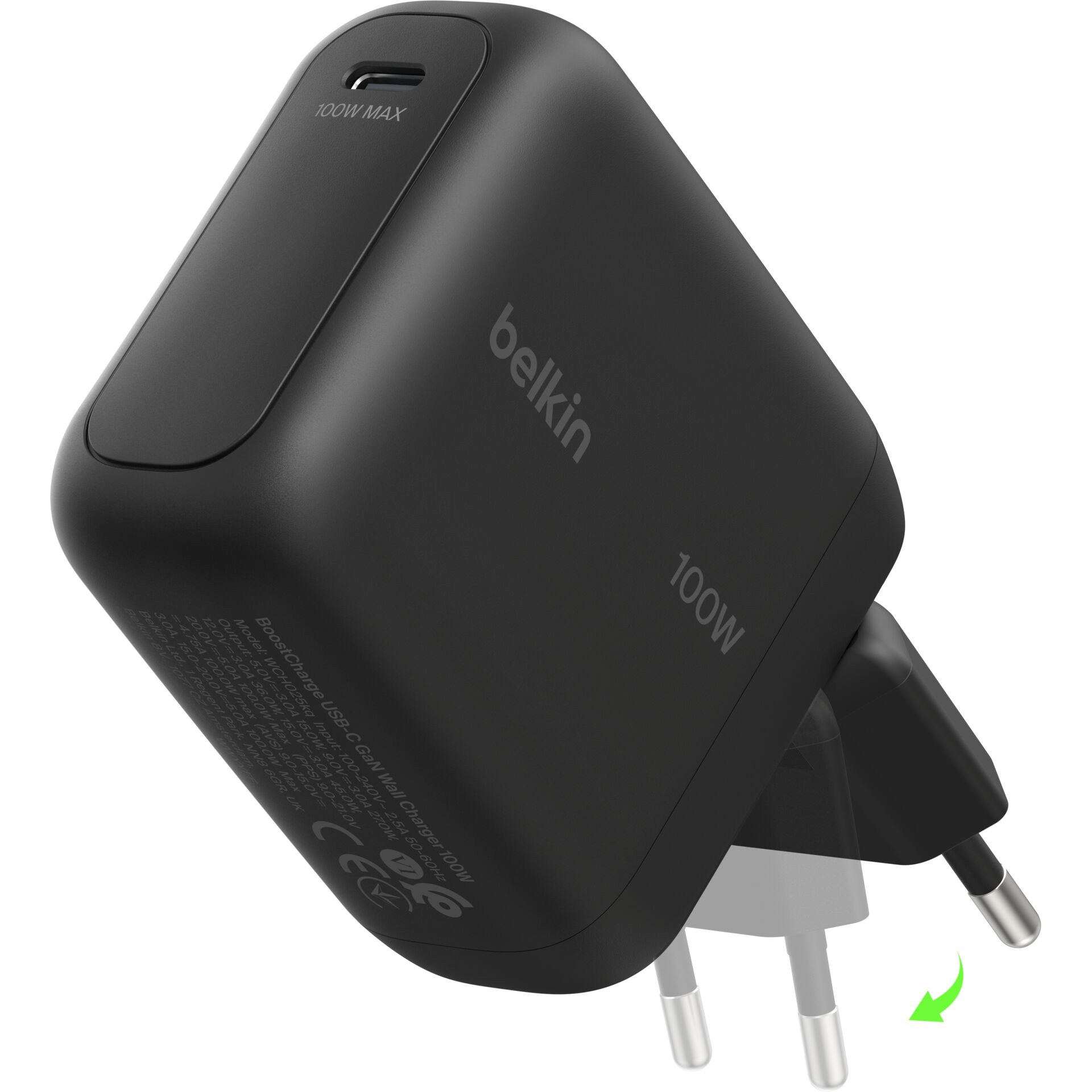 Belkin BoostCharge USB-C Fiş Tipi Şarj Cihazı 100 W, GaN Kompakt ve Katlanabilir MacBook ve İphone için Hızlı Şarj, 1,5 m USB-C Kablo dahil, Siyah