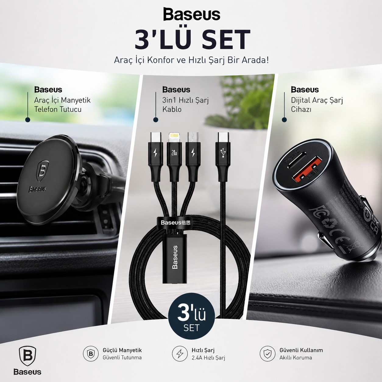 Baseus 3'ü 1 Arada Araç Seti – Manyetik Telefon Tutucu, 60W Araç Şarj Cihazı ve USB-C Kabl