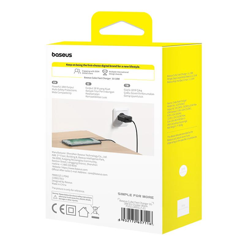 Baseus Cube Fast QC 3.0 18W USB-A Hızlı Şarj Aleti Cluster Black
