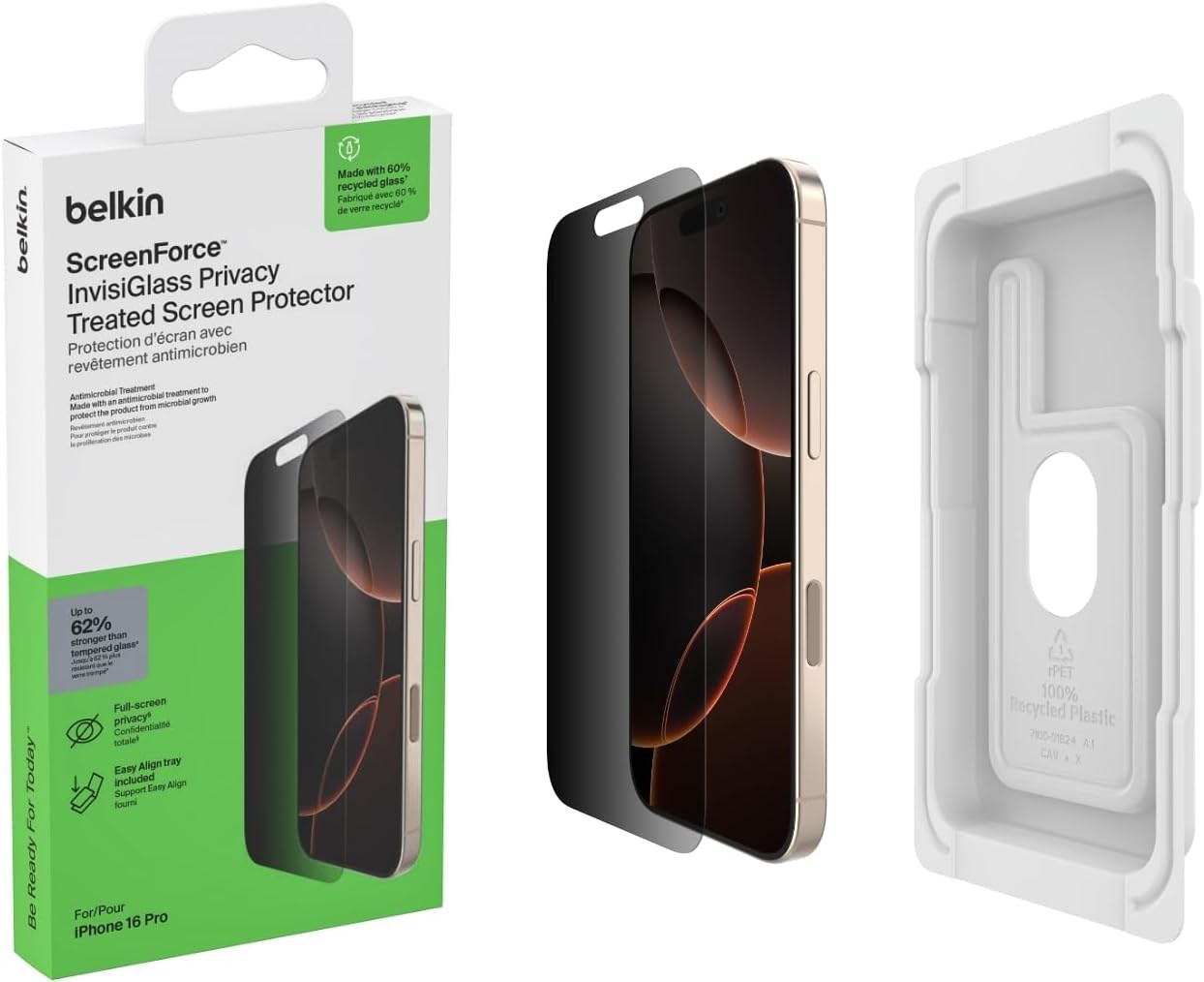 Belkin OVA169HQ ScreenForce InvisiGlass iPhone 16 Pro Uyumlu (Kolay Hizalama Tepsili) Privacy Ekran Koruyucu