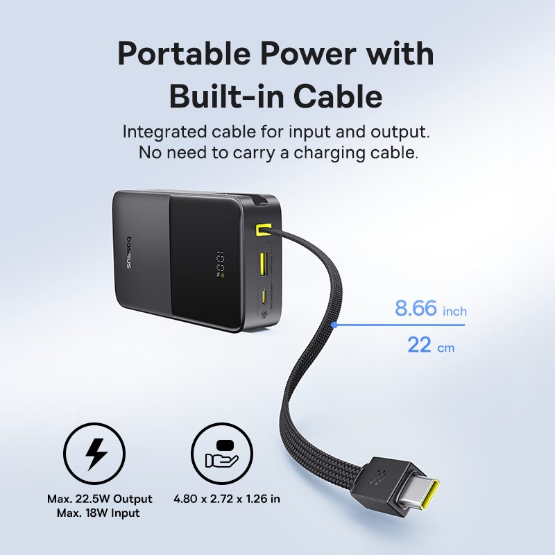 Baseus EnerFill Bipow2 Pro 20000mAh Dahili USB-C Kablolu, 22,5 W Hızlı Şarjlı, LED Ekranlı Powerbank, Siyah