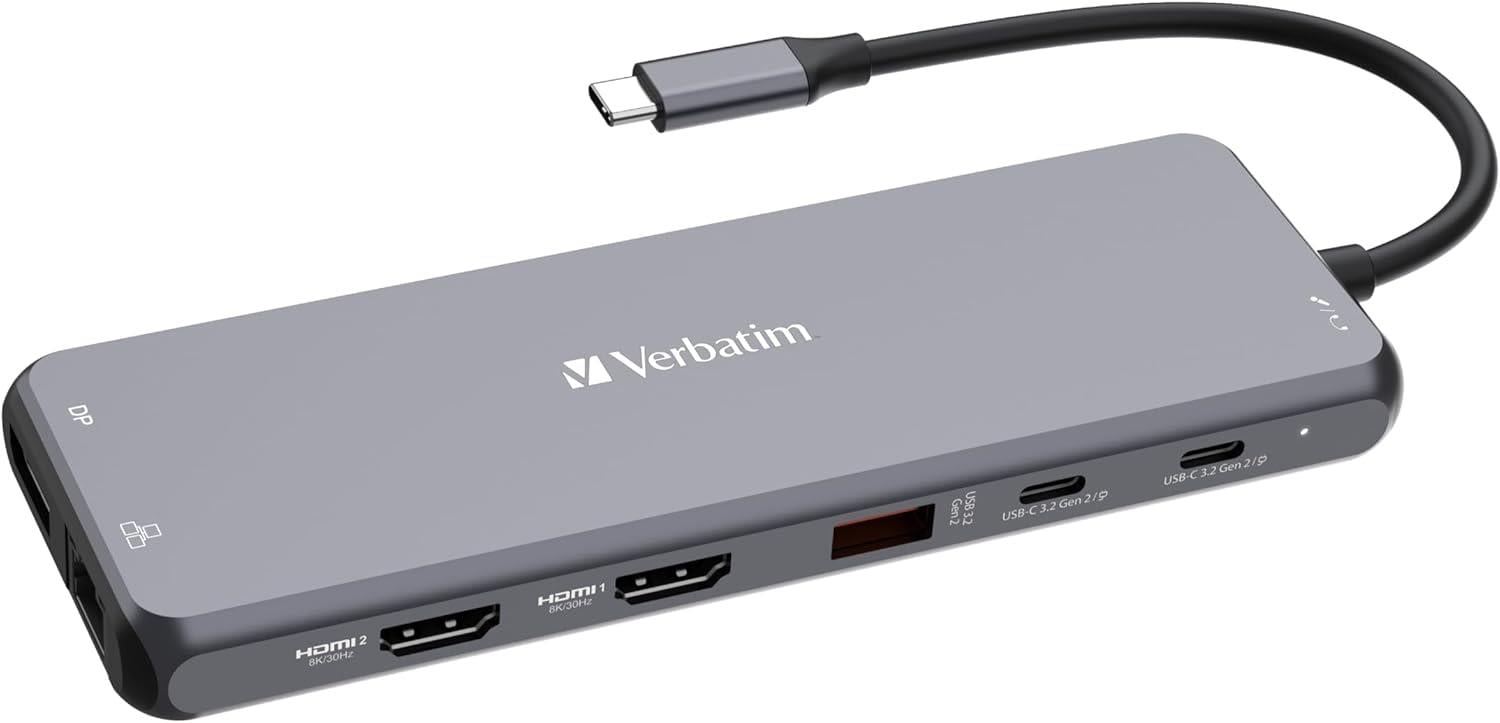 Verbatim USB C Hub 13'ü 1 arada, çoklu bağlantı noktalı adaptör, USB-C, HDMI, RJ45, USBA-A ve USB-C PD, SD kart okuyuculu