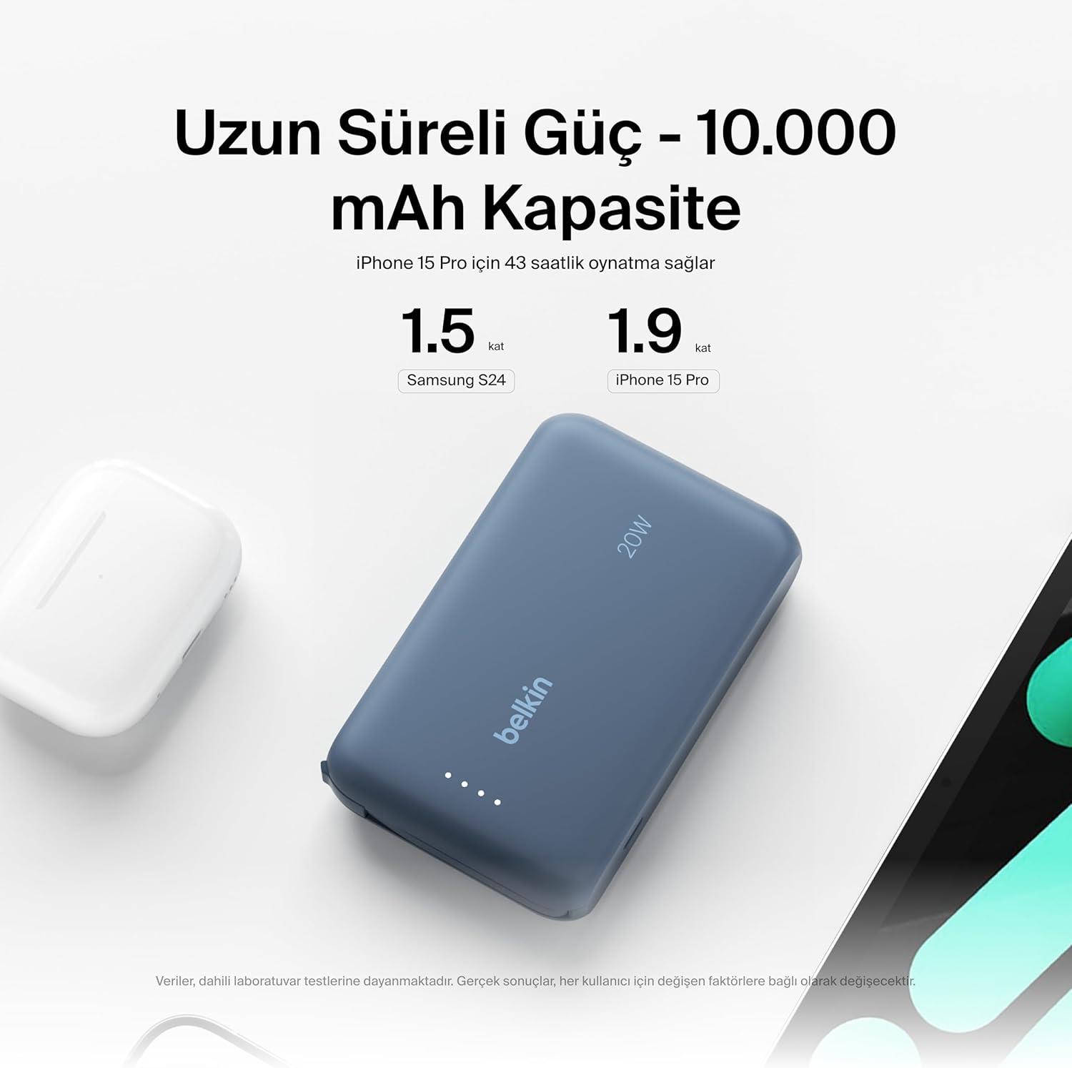 Belkin BoostCharge Powerbank, Entegre Type-C Kablolu 10K PD 20W, Mavi