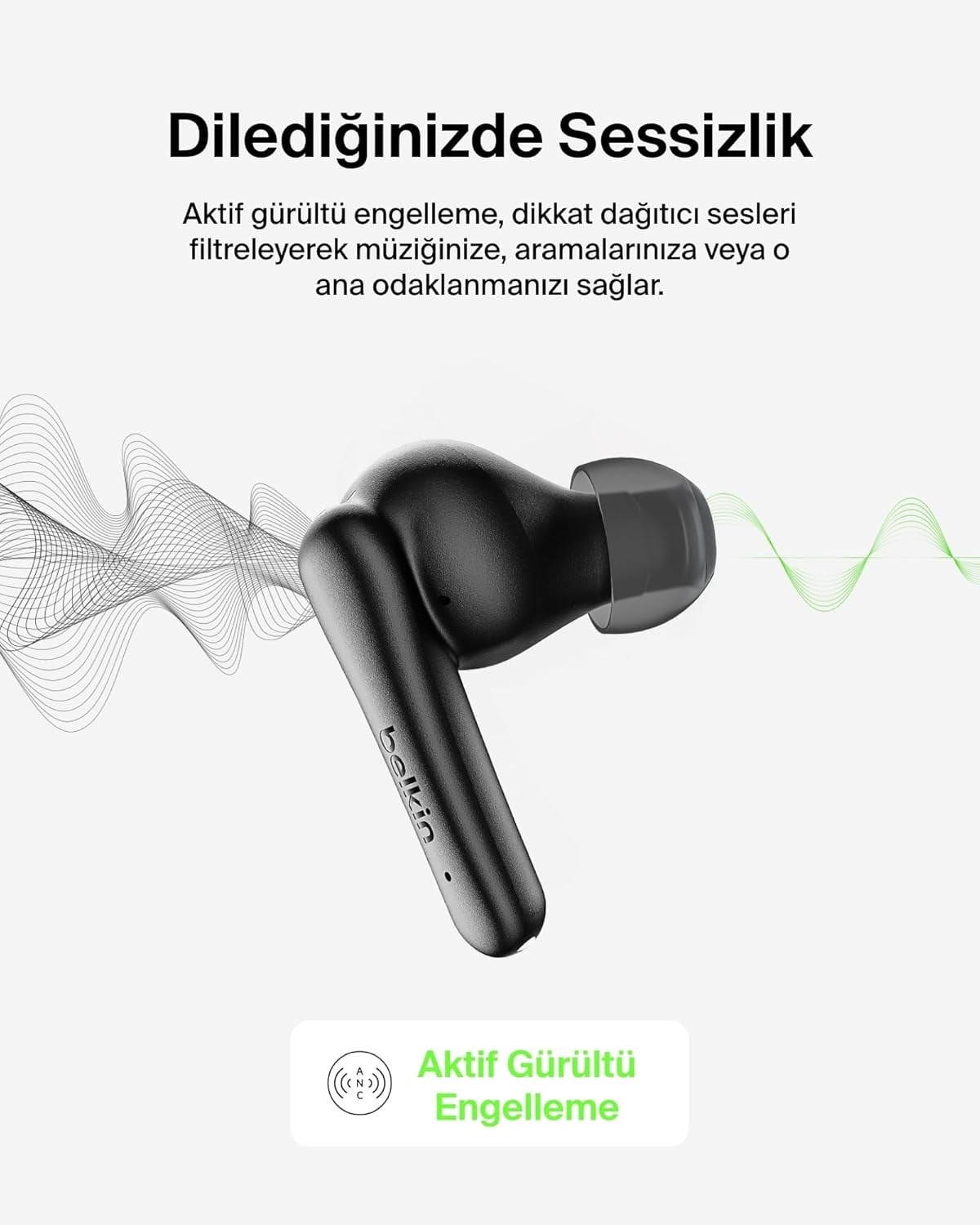 Belkin SoundForm Rhythm ANC Gerçek Kablosuz Kulak İçi Kulaklık, 28 Saat Pil Ömrü, IPX5 Suya Dayanıklılık, Siyah