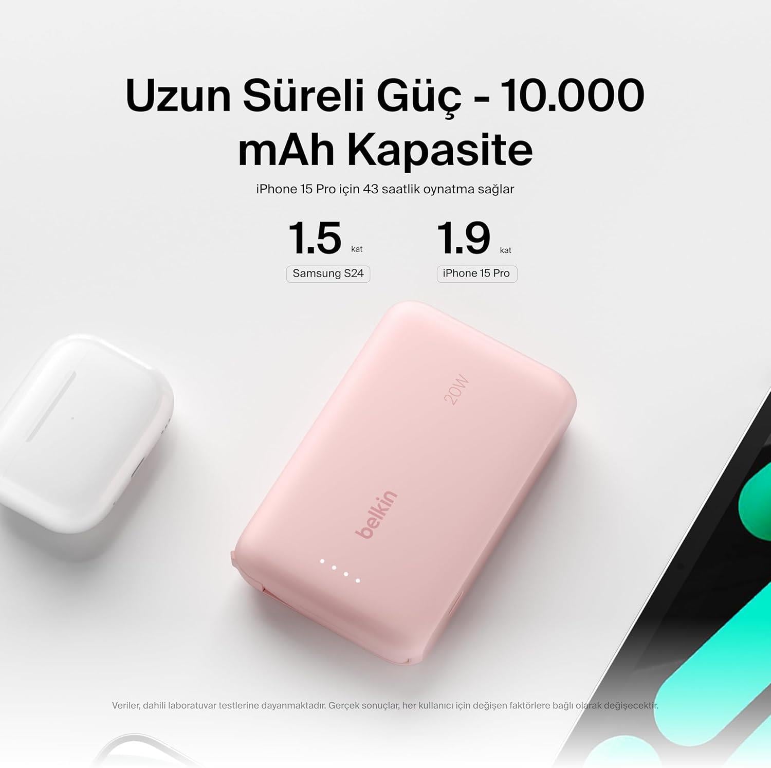Belkin BoostCharge Powerbank, Entegre Type-C Kablolu 10K PD 20W, Pembe