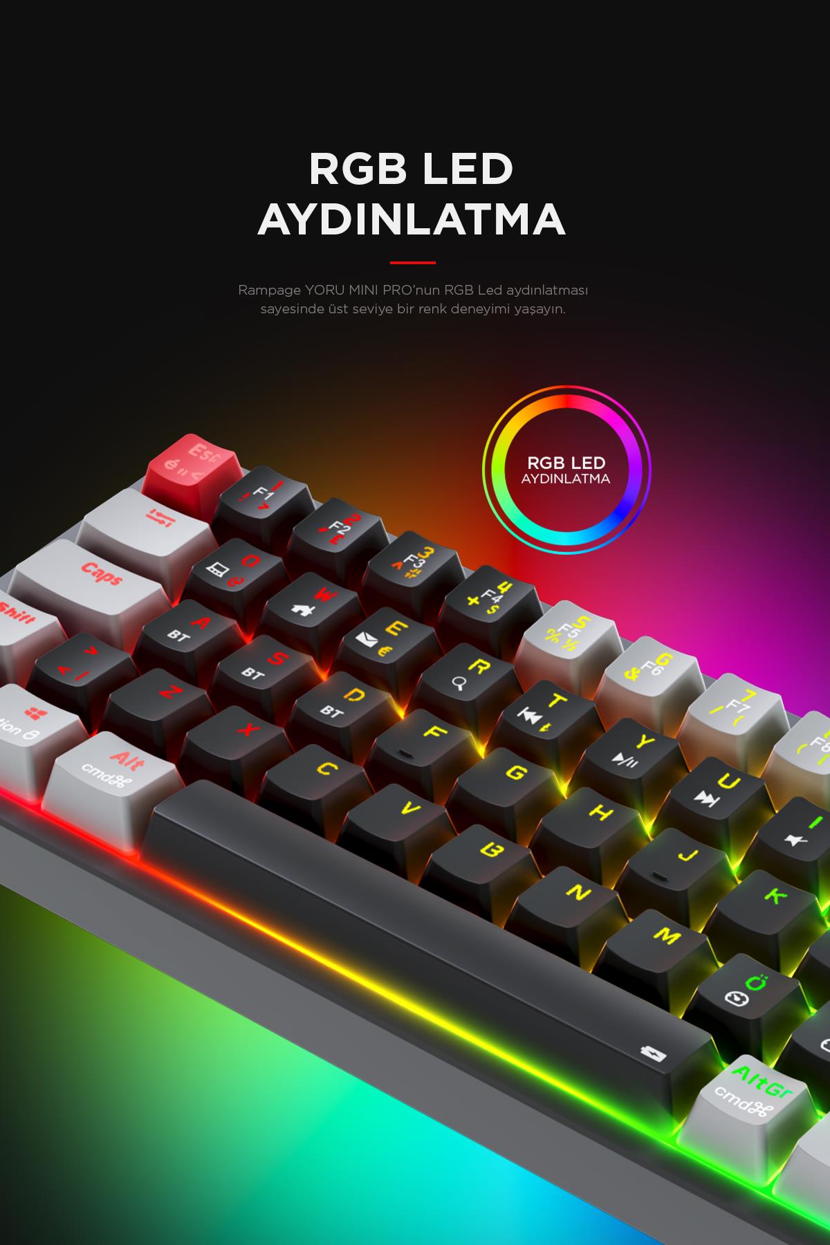 Rampage YORU Mini PRO Siyah/Gri 2.4ghz+BT5.0+Type-C 5 Bağlantı OUTEMU Red Swich Q Mekanik Gaming Oyuncu Klavye RGB