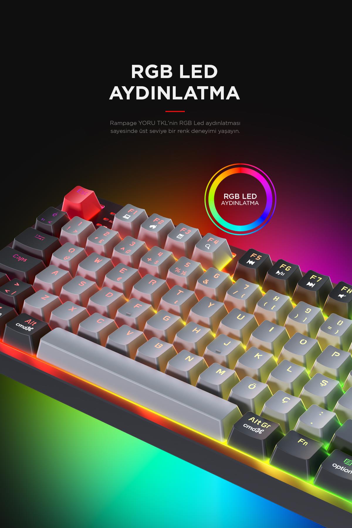 Rampage YORU TKL Gri/Siyah Type-C Bağlantılı OUTEMU Red Swich Q Mekanik Gaming Oyuncu Klavye RGB