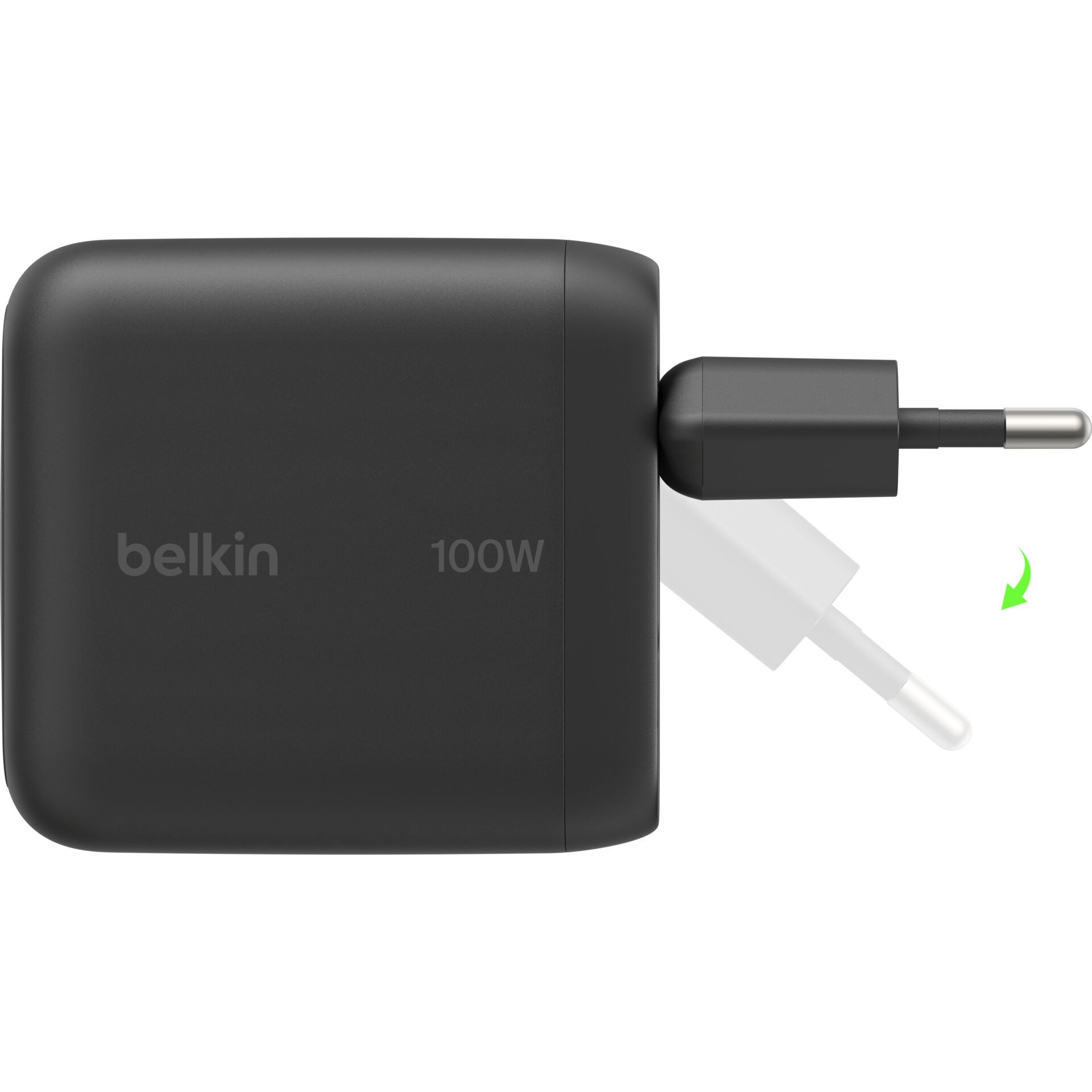 Belkin BoostCharge USB-C Fiş Tipi Şarj Cihazı 100 W, GaN Kompakt ve Katlanabilir MacBook ve İphone için Hızlı Şarj, 1,5 m USB-C Kablo dahil, Siyah