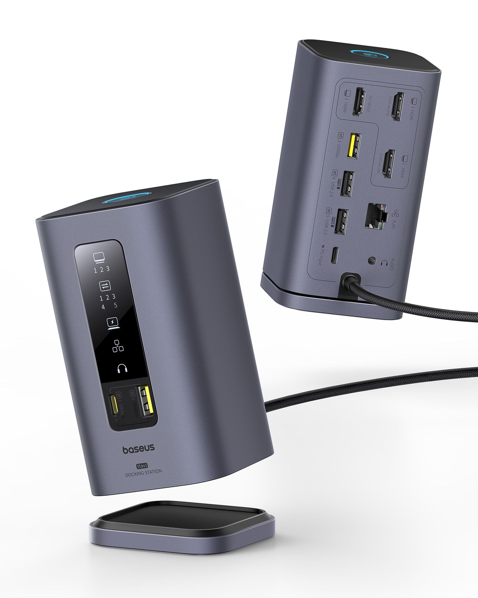 Baseus Docking Station Spacemate Serisi 11'i 1 arada yerleştirme istasyonu, 3 monitör, 2 x HDMI 1 x DP 4K @ 60Hz, 3 x USB-A/C 10 Gbps, 1 Gbps Ethernet, 100 W PD