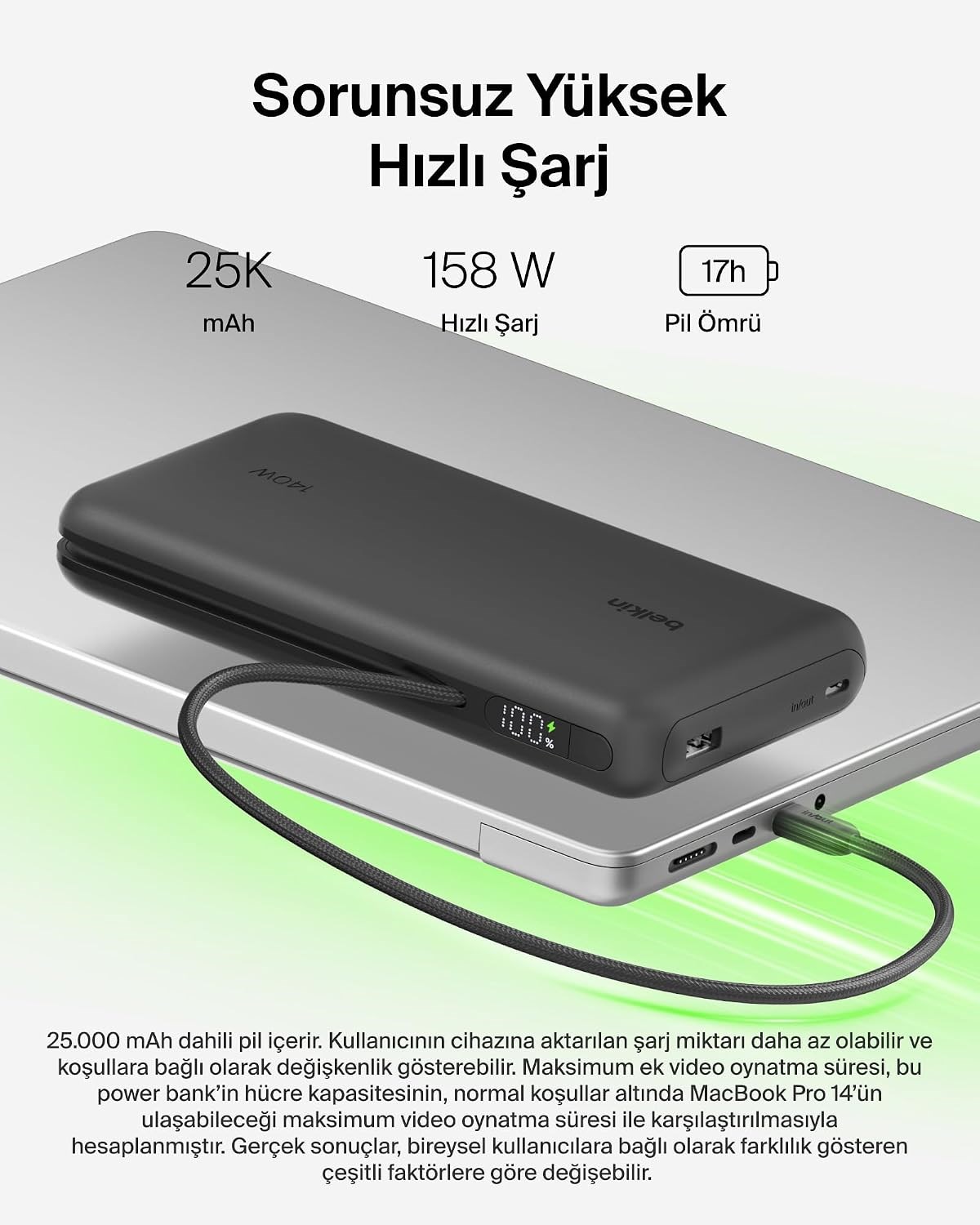 Belkin UltraCharge Pro 25000 mAh Dijital Ekranlı, 1 x USB-C Bağlantı Noktası + Entegre Kablo, 1 x USB-A, 158 W PD, Powerbank