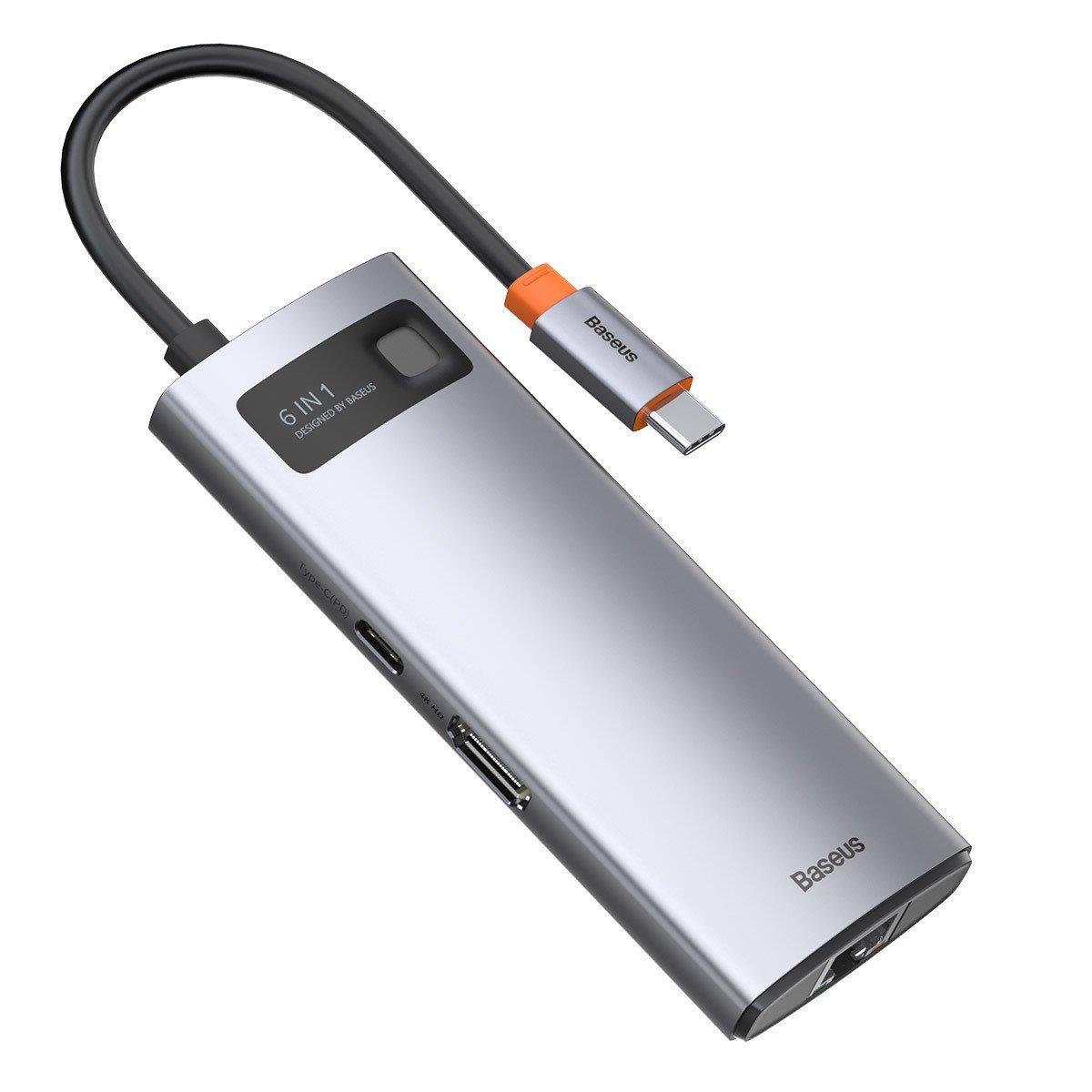 Baseus Metal Gleam 6 in 1 Multifonksiyonal Type-C Hub Dock Station - Gri