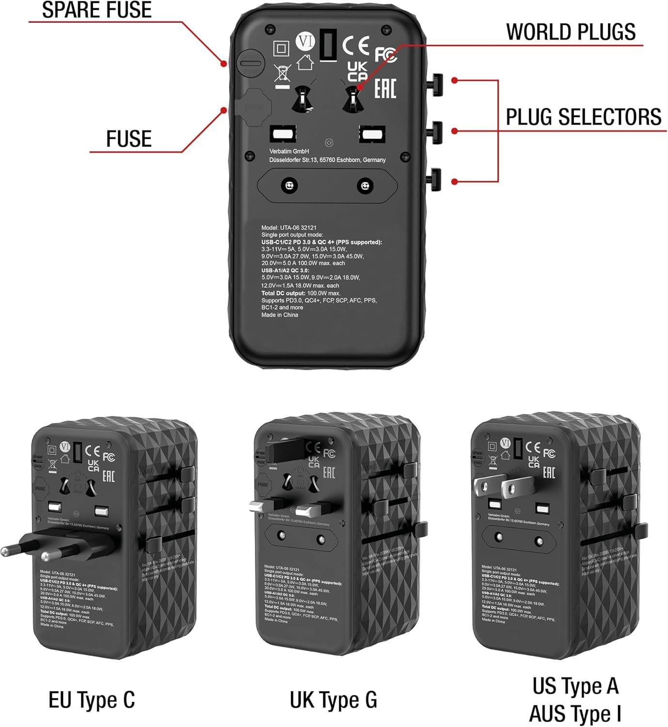 Verbatim UTA-06 GaN III 2X USB-C, W128807223 ile Evrensel Seyahat Adaptörü (2X USB-C PD 100W ve QC 4+ / 2X USB-A QC 3.0 ile Seyahat Adaptörü)