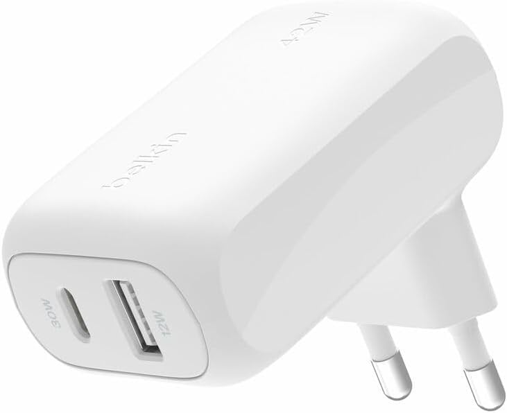 Belkin BoostCharge 42W 2 Portlu Duvar Şarj Cihazı, USB-C + USB-A Şarj Cihazı