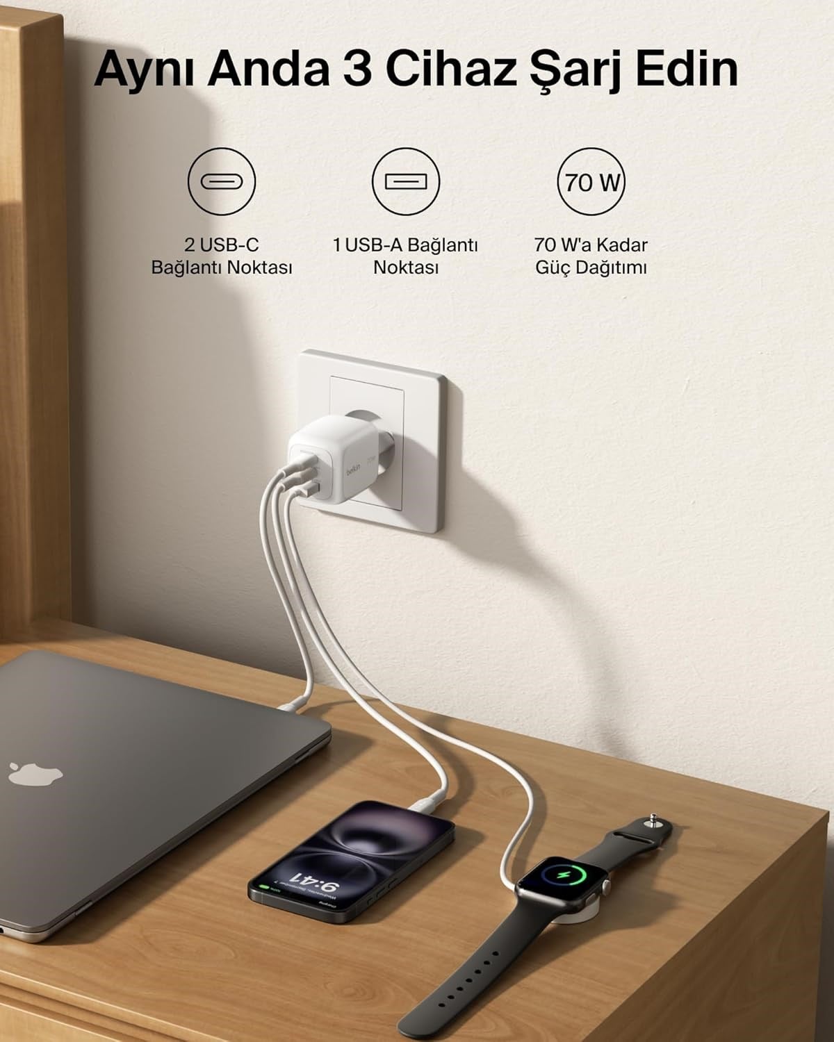 Belkin 3 Bağlantı Noktalı USB-C Şarj Cihazı, 70 W, 2x USB-C ve 1x USB-A GaN