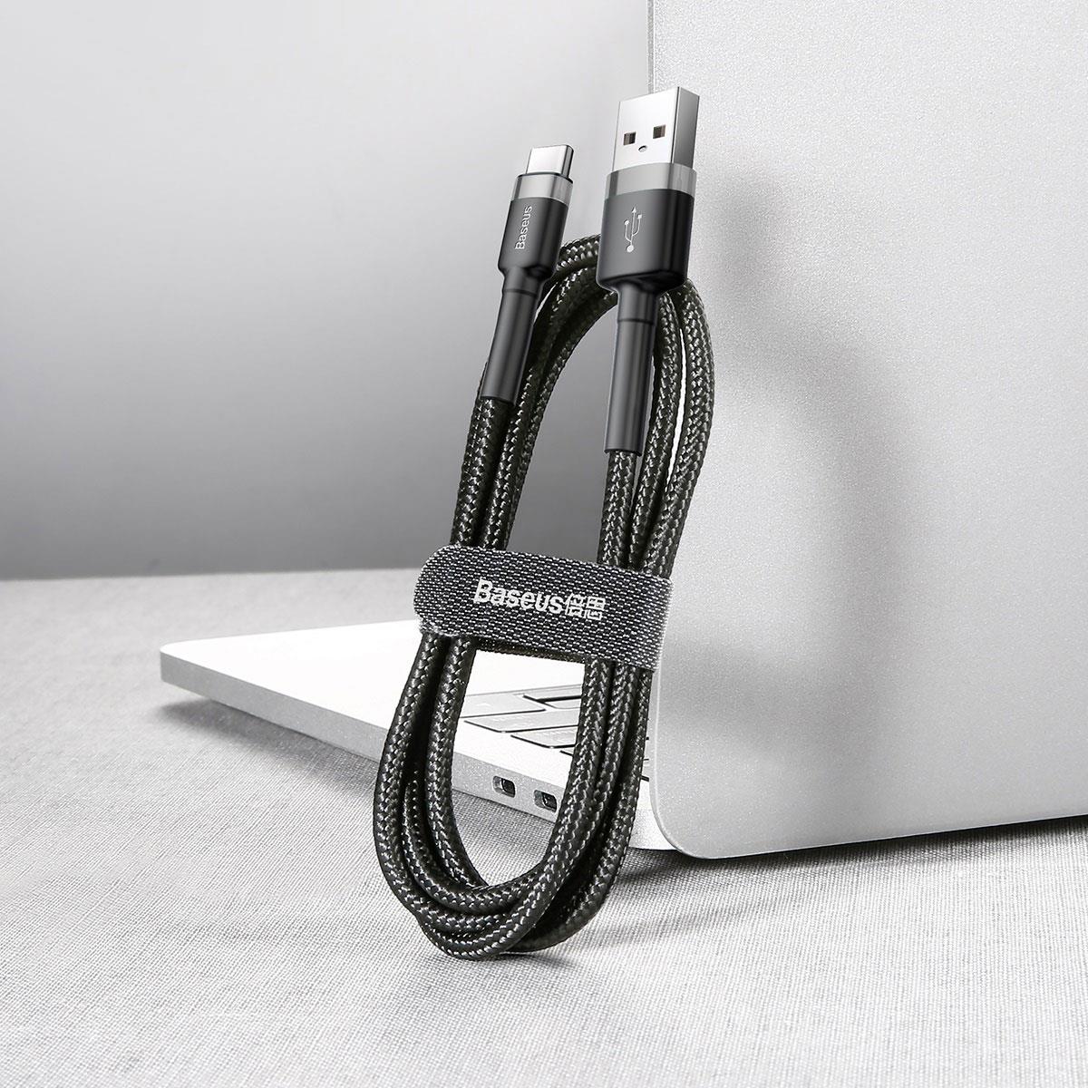 Baseus Cafule Şarj & Data Aktarım Kablosu, Gri - Siyah, 0.5m, 3 A, USB Kablo,USB A & USB-C CATKLF-A1