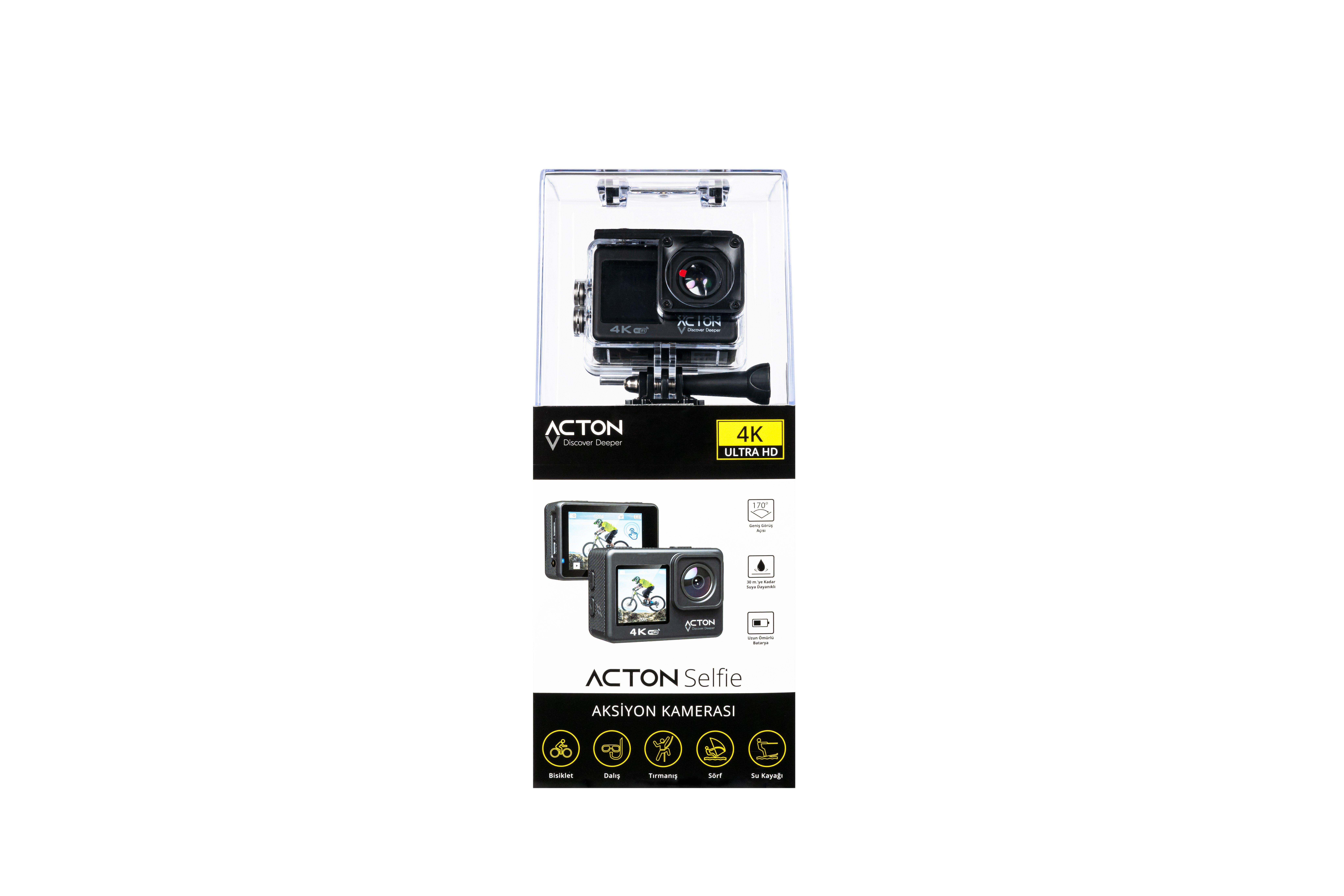 Acton Aksiyon Kamerası 4K Çift Ekranlı 170 Derece Lens Açısı ile Su Sıçramasına Dayanıklı
