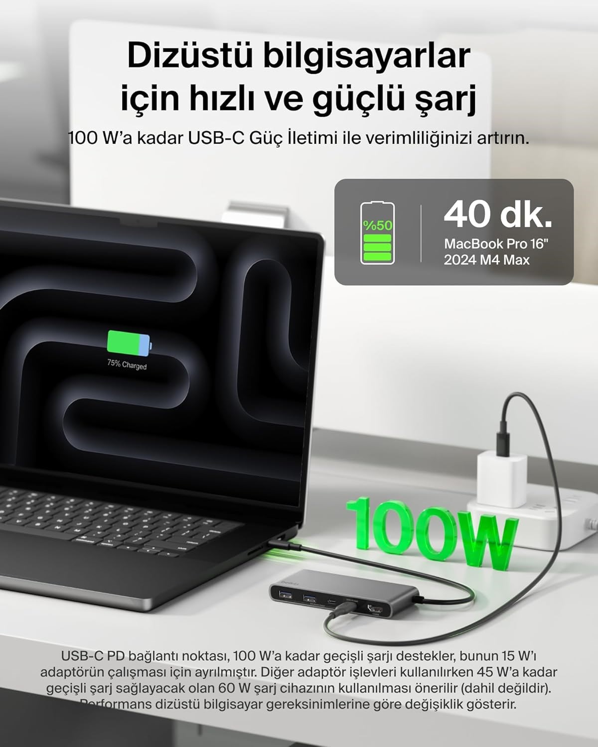 Belkin AVC023 7in1 100W USB-C Multiport Hub(2x USB-C , 2x USB-A , 1x HDMI 4K 60HZ , SD&Micro SD Card Reader) - Uzay Grisi