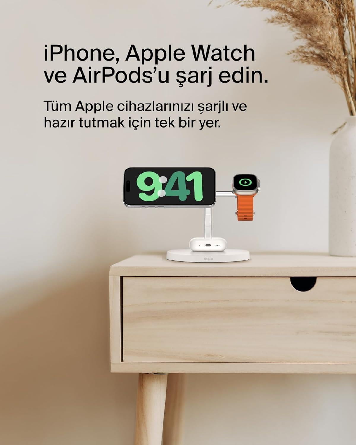 Belkin BoostCharge 3'ü 1 Arada, Qi2 MagSafe Kablosuz Şarj İstasyonu, Beyaz