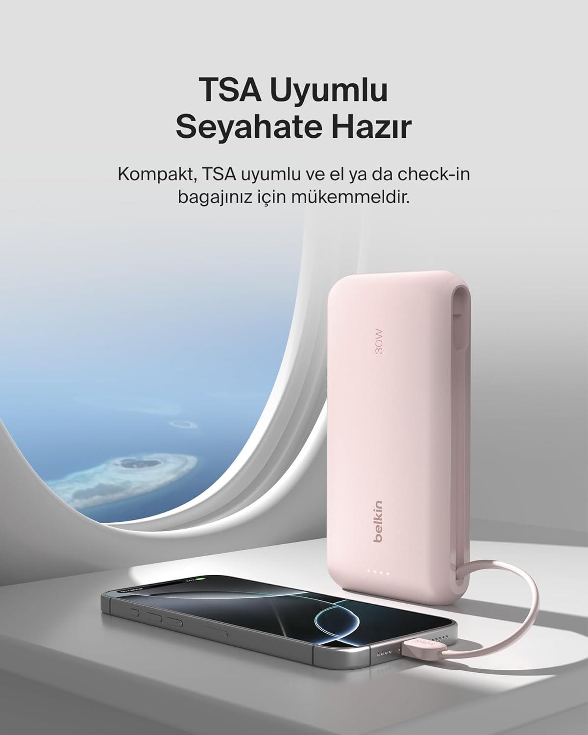 Belkin BoostCharge Powerbank, 20K Entegre Kablolu Taşınabilir Güç Kaynağı, 30 W Güç İletimli Hızlı Şarj, USB-C, Pembe