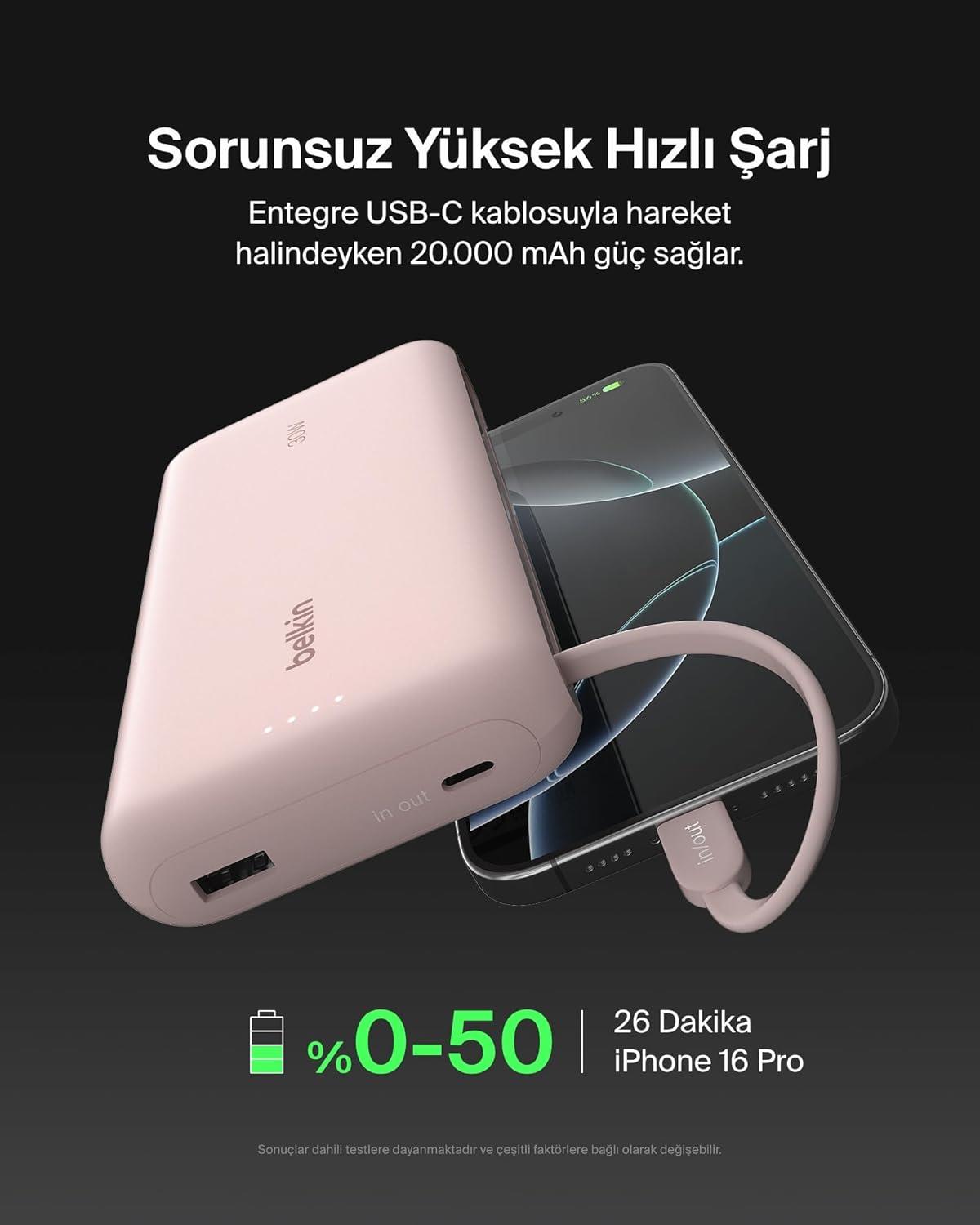 Belkin BoostCharge Powerbank, 20K Entegre Kablolu Taşınabilir Güç Kaynağı, 30 W Güç İletimli Hızlı Şarj, USB-C, Pembe