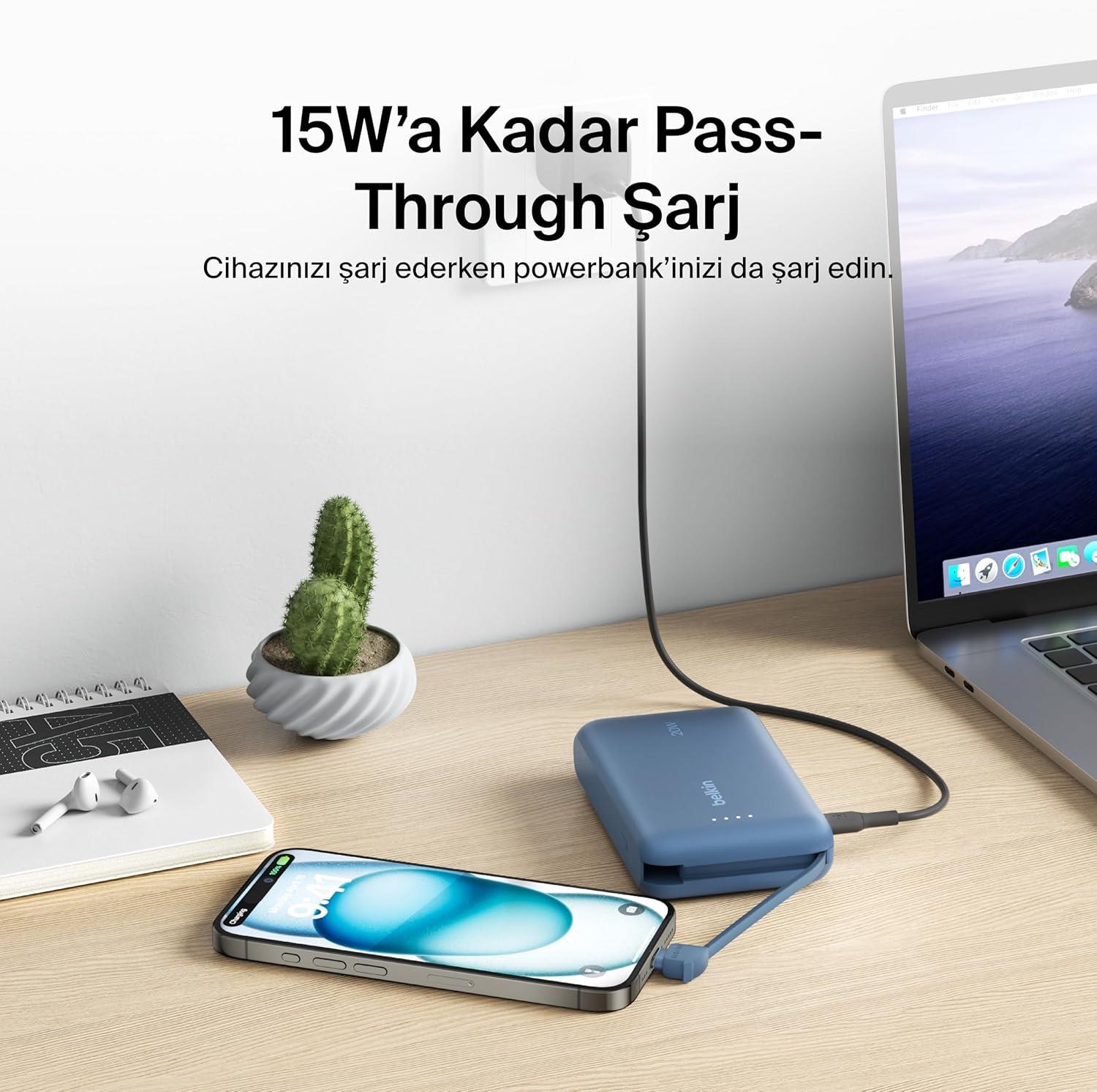 Belkin BoostCharge Powerbank, Entegre Type-C Kablolu 10K PD 20W, Mavi