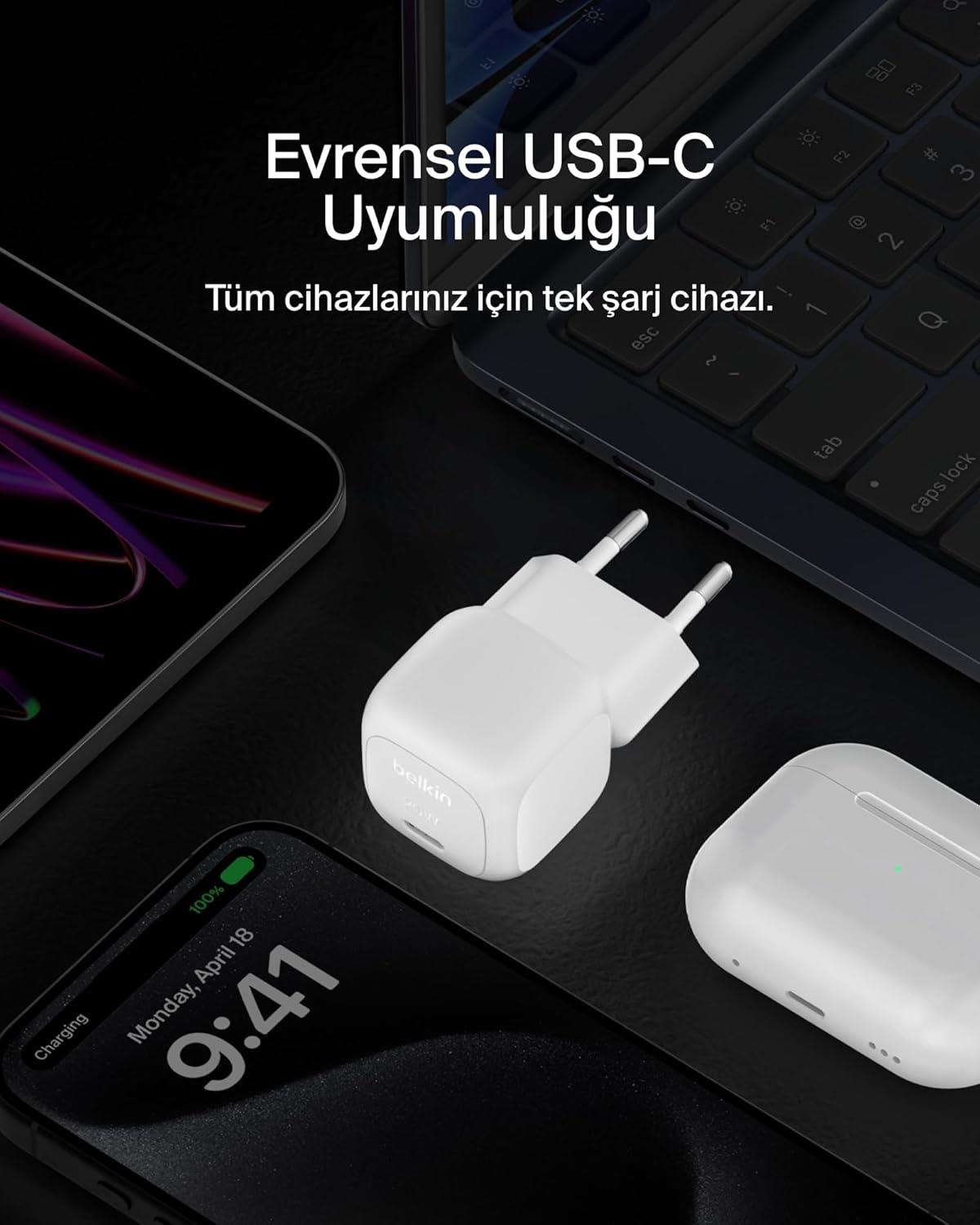 Belkin BoostCharge WCA009 20W PPS USB-C Şarj Cihazı, Beyaz