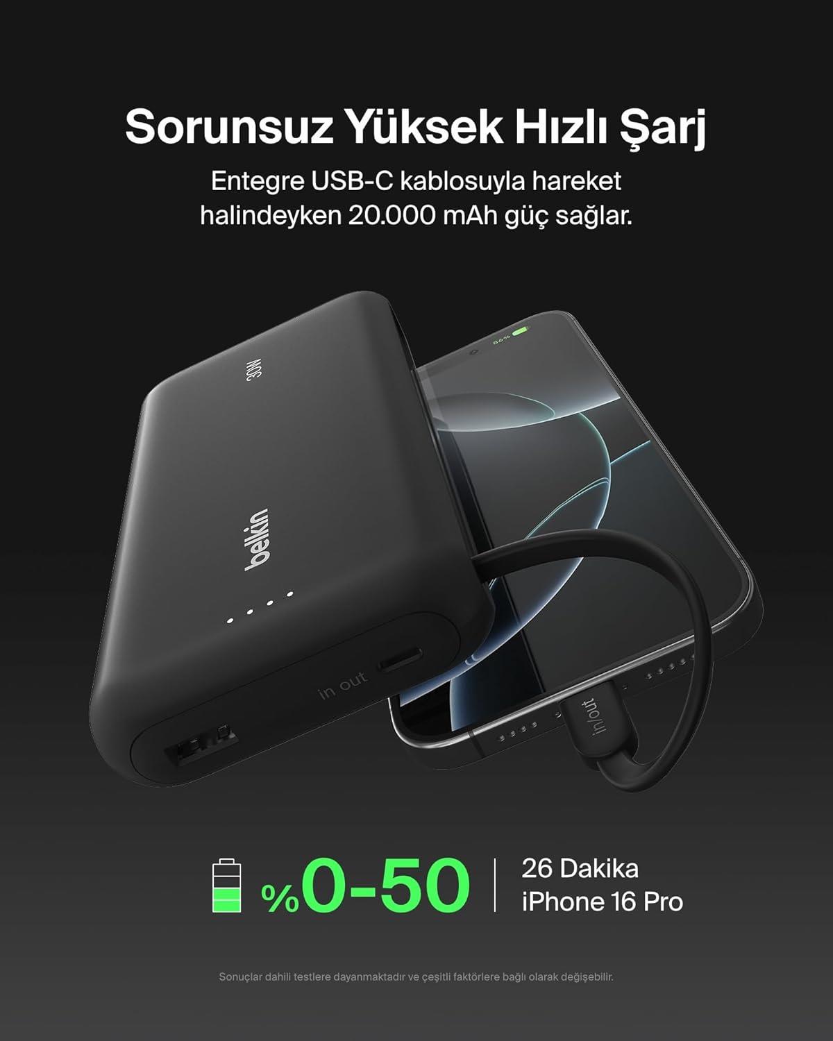 Belkin BoostCharge Powerbank, 20K Entegre Kablolu Taşınabilir Güç Kaynağı, 30 W Güç İletimli Hızlı Şarj, USB-C, Siyah
