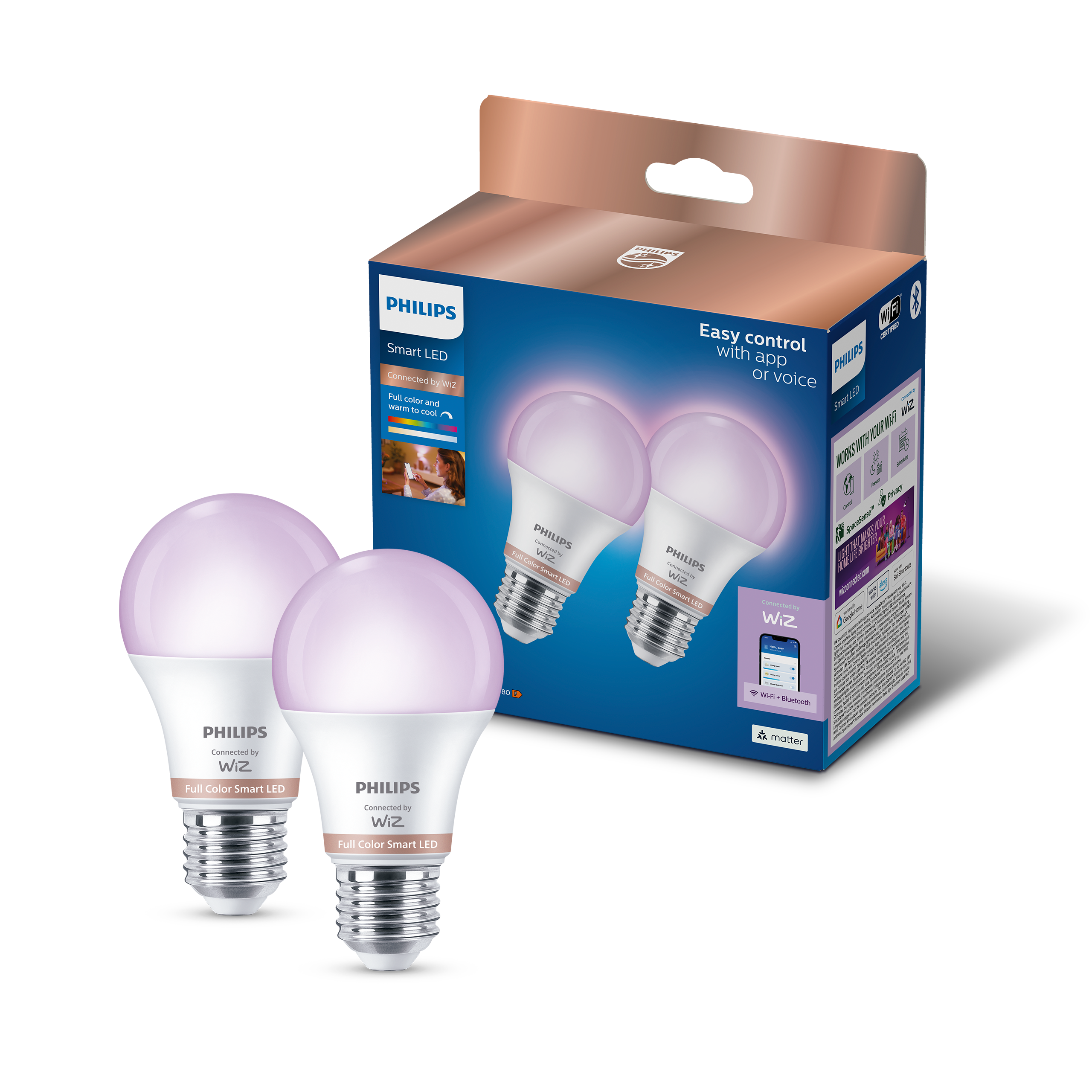 Philips Smart Lighting LED Ampul A60 E27 60W Eşdeğer RGB 2'li Paket - Google Home, Alexa, HomeKit ve Matter uyumlu