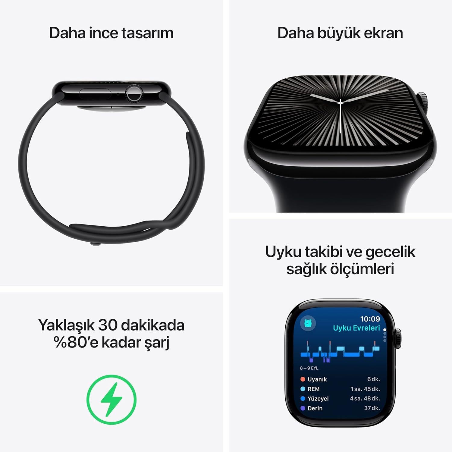 Apple Watch Series 10 GPS 46 mm Simsiyah Kasa Akıllı Saat ve Siyah Spor Kordon - M/L