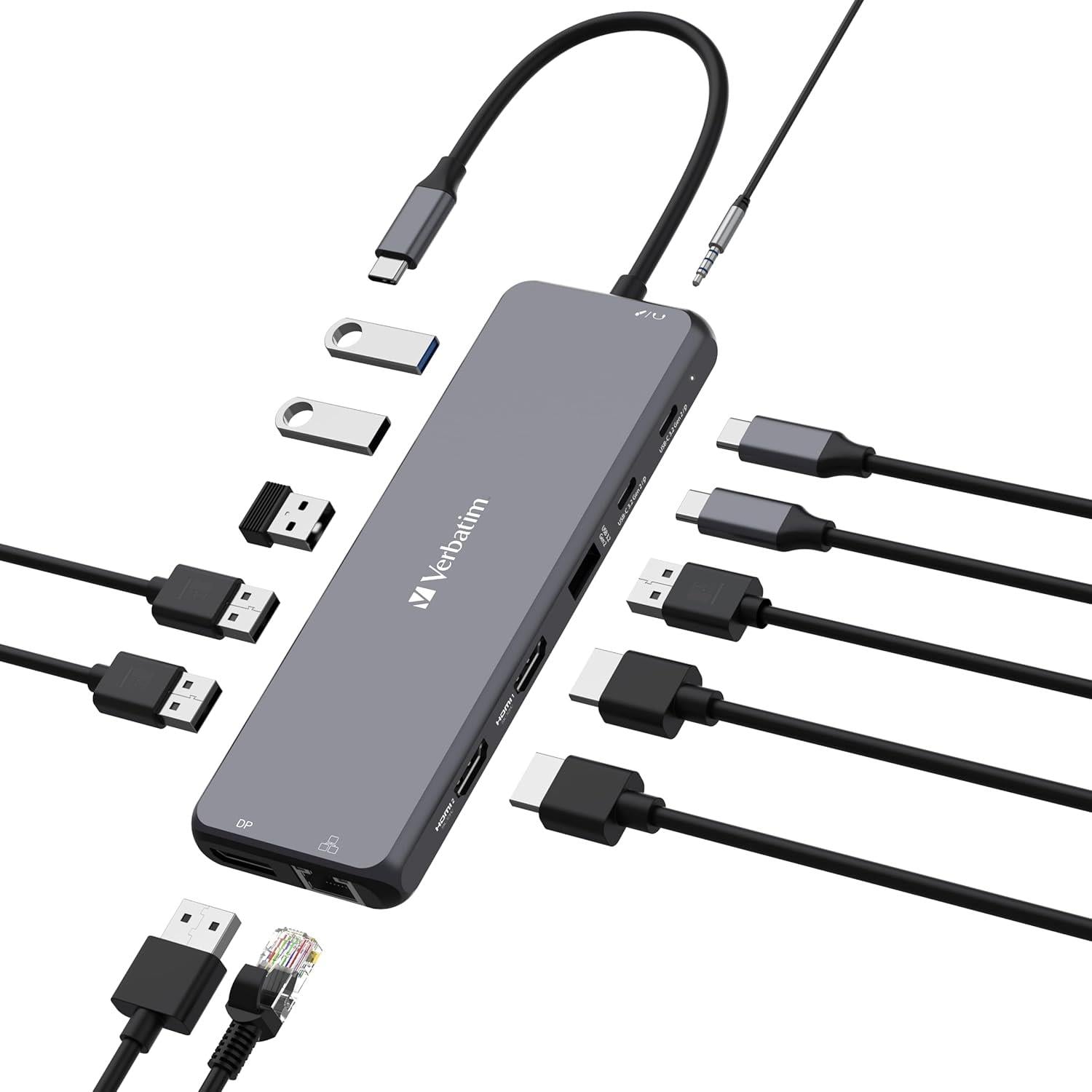 Verbatim USB C Hub 13'ü 1 arada, çoklu bağlantı noktalı adaptör, USB-C, HDMI, RJ45, USBA-A ve USB-C PD, SD kart okuyuculu