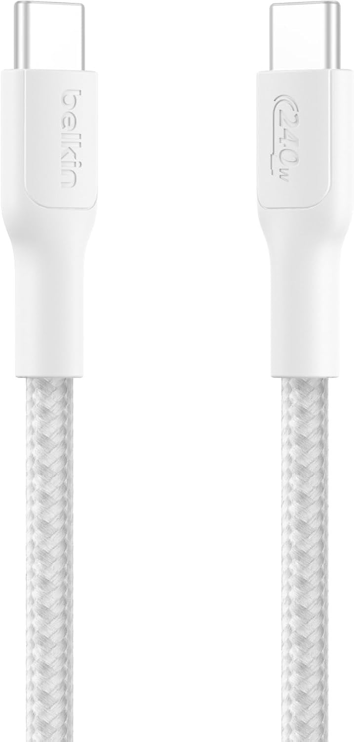Belkin Eco Örgülü USB-C - USB-C 2 m, 240 W, Tip-C Hızlı Şarj Kablosu - Beyaz (USB 2.0)
