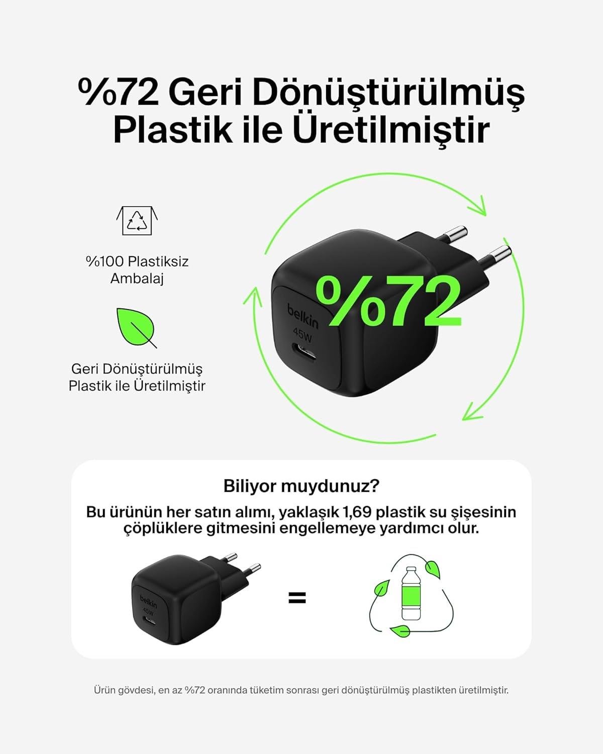Belkin Kompakt Duvar Şarj Cihazı 45 W + USB-C - USB-C Kablosu, Siyah