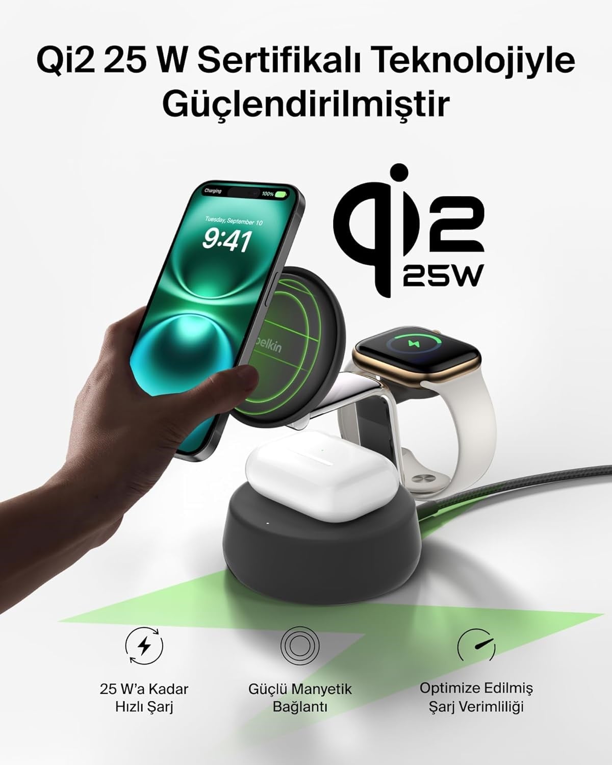 Belkin UltraCharge Pro MagSafe Uyumlu 3'ü 1 Arada Qi2 25W Kablosuz Şarj Cihazı, iPhone 17, Apple Watch, AirPods, Seyahat ve Masaüstü Standı, 45W Adaptör, Siyah