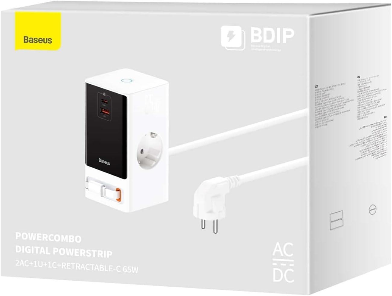Baseus Power Combo Dijital PowerStrip 2AC+1U+1C+Retractable-C 65W Smart Versiyon Şarj Cihaz Seti
