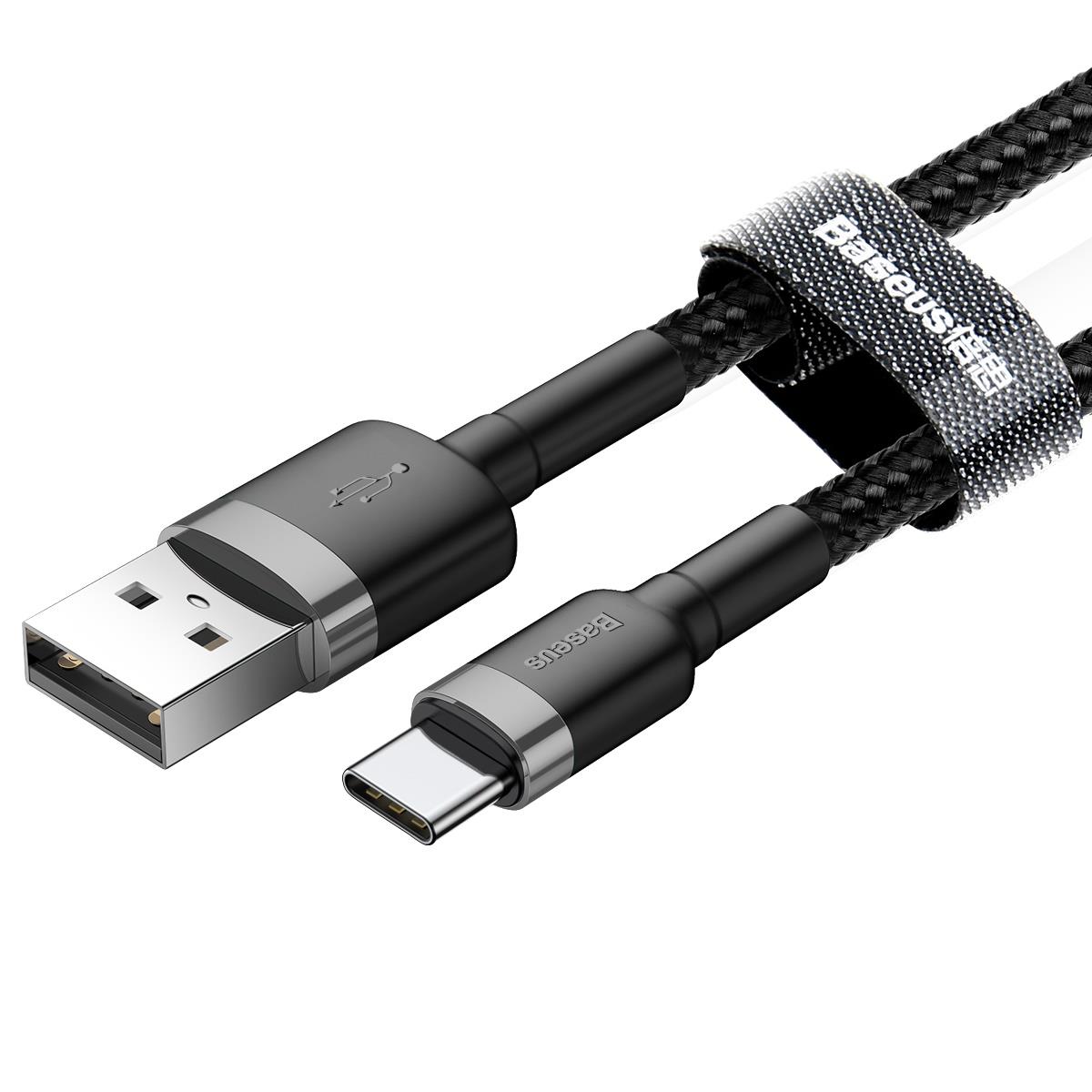 Baseus Cafule Şarj & Data Aktarım Kablosu, Gri - Siyah, 0.5m, 3 A, USB Kablo,USB A & USB-C CATKLF-A1