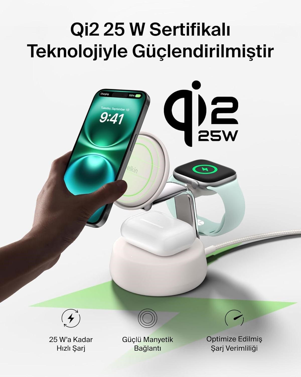 Belkin UltraCharge Pro MagSafe Uyumlu 3'ü 1 Arada Qi2 25W Kablosuz Şarj Cihazı, iPhone 17, Apple Watch, AirPods, Seyahat ve Masaüstü Standı, 45W Adaptör, Kum Rengi