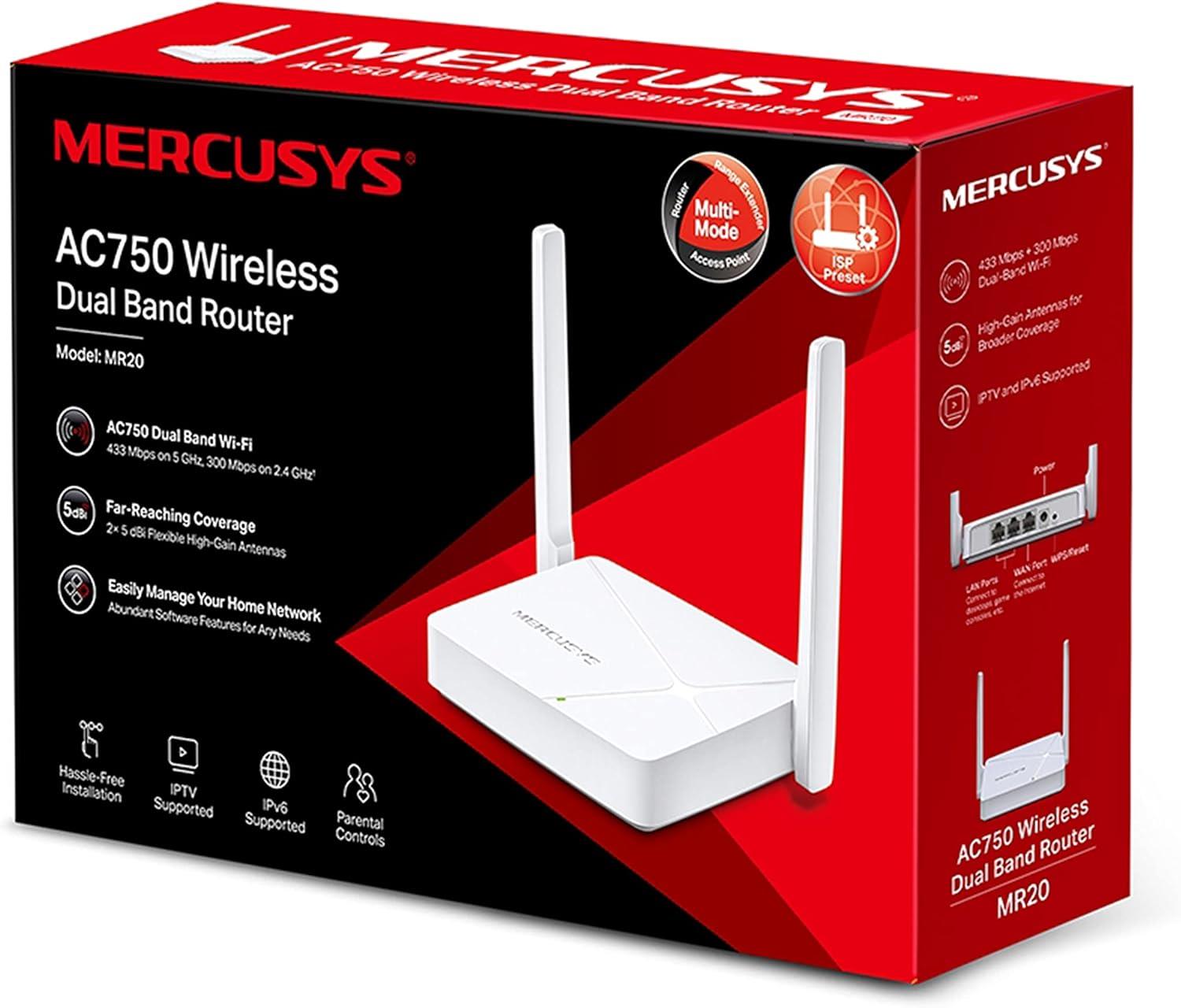 Mercusys MR20, AC750 Mbps, Ebeveyn Denetimleri, All-in-one( Router, Access Point, Range Extender) Modları, Mobil Uygulama ile Kolay Kurulum, Dual-Band Router