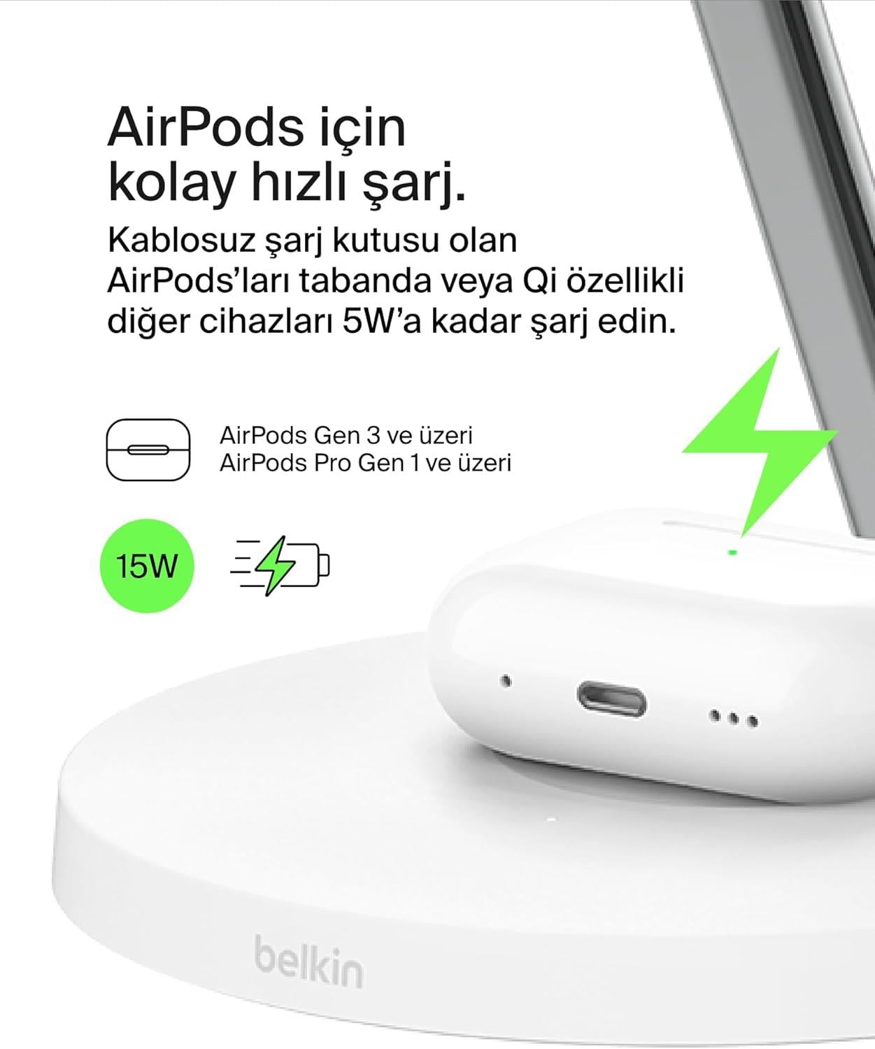 Belkin BoostCharge 3'ü 1 Arada, Qi2 MagSafe Kablosuz Şarj İstasyonu, Beyaz