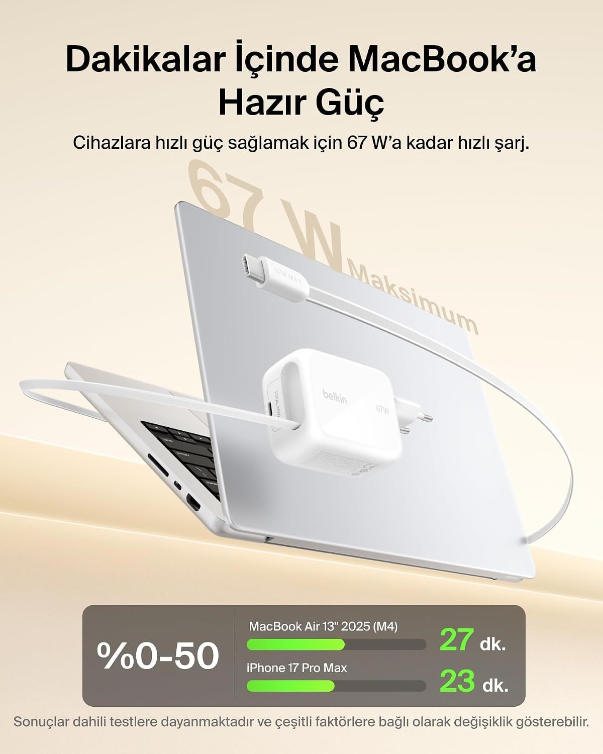 Belkin UltraCharge 67 W GaN Şarj Aleti, 0,8 m Geri Çekilebilir USB-C Kablo ile, Beyaz