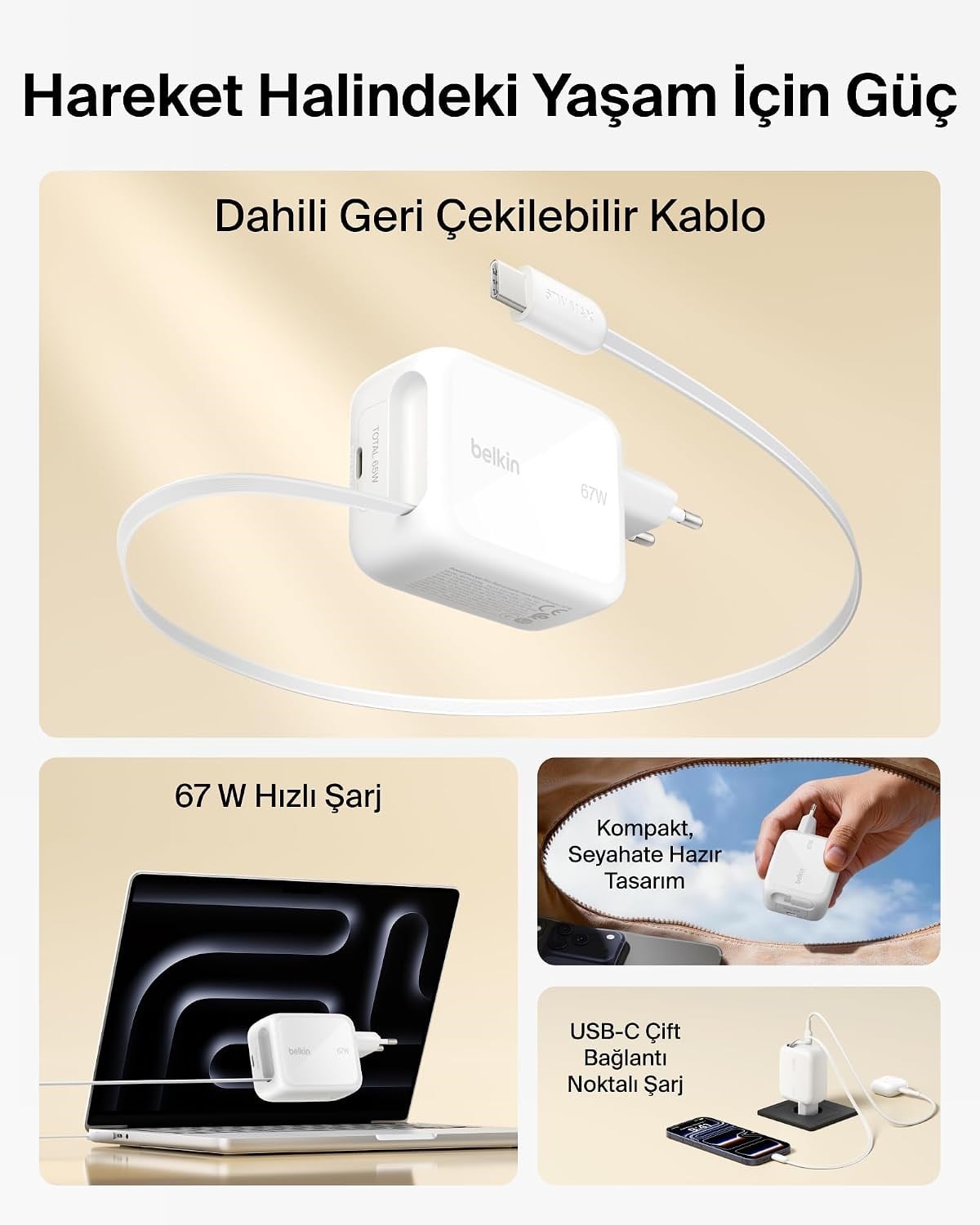 Belkin UltraCharge 67 W GaN Şarj Aleti, 0,8 m Geri Çekilebilir USB-C Kablo ile, Beyaz