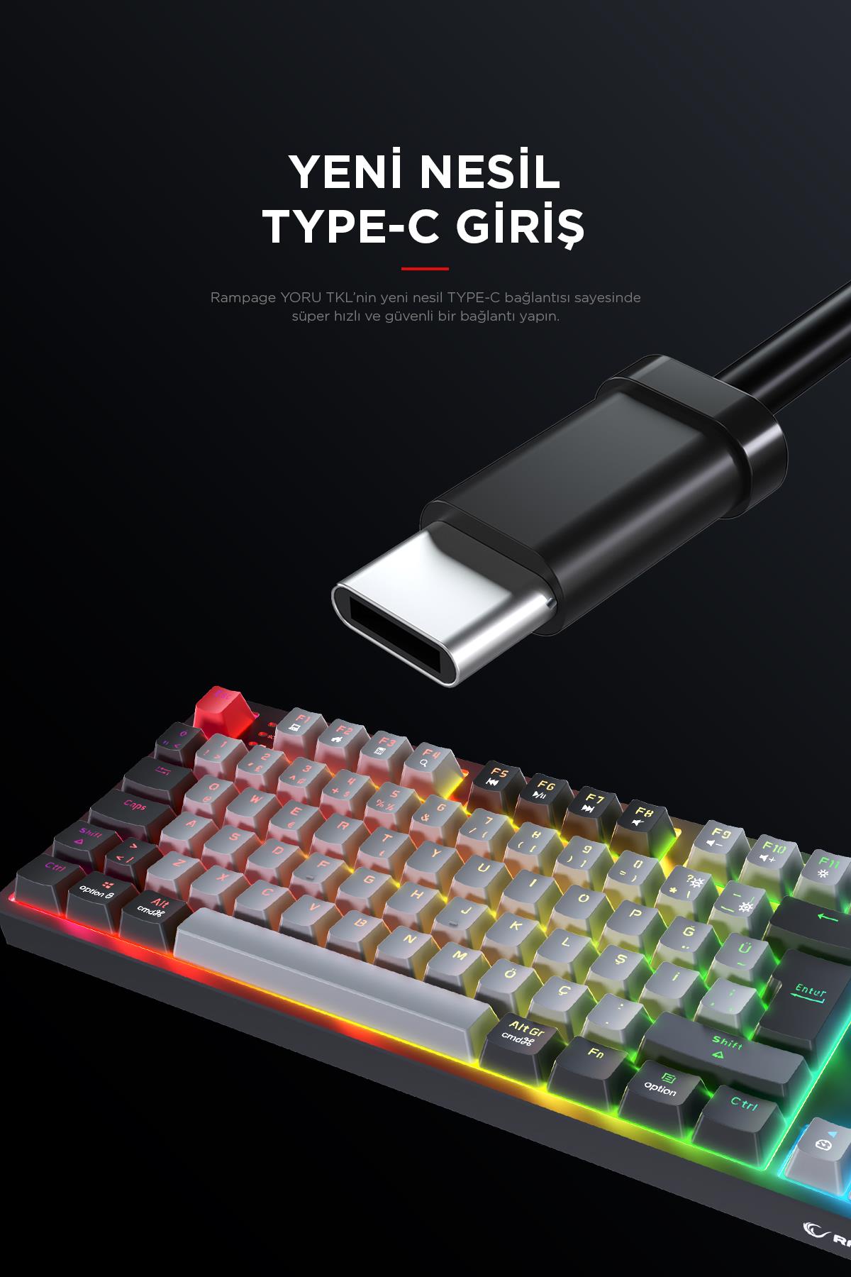 Rampage YORU TKL Gri/Siyah Type-C Bağlantılı OUTEMU Red Swich Q Mekanik Gaming Oyuncu Klavye RGB