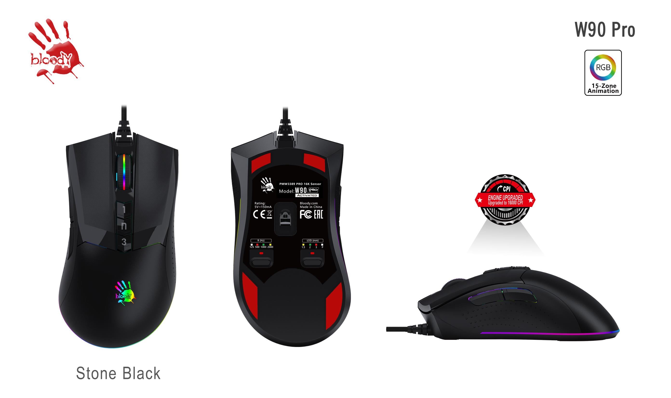 A4-Tech Bloody W90 Pro 16K CPI Optik RGB Siyah Gaming Mouse