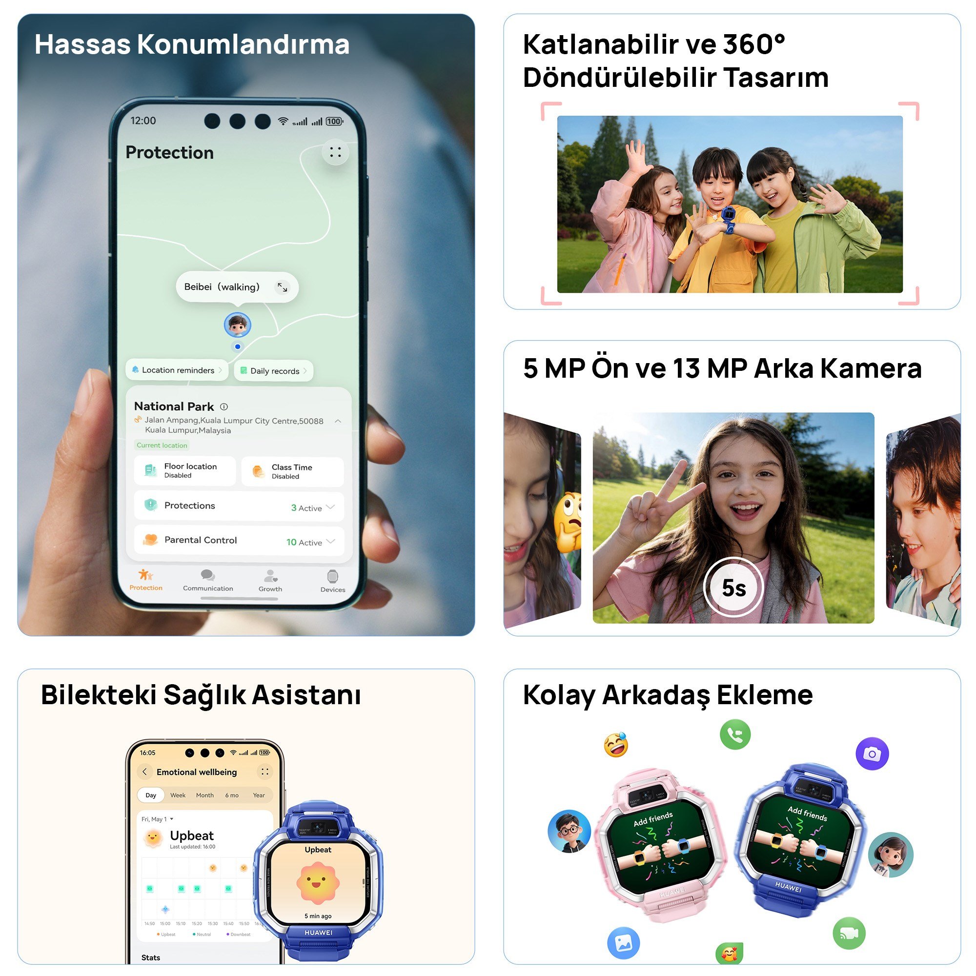 Huawei Watch Kids X1 Akıllı Çocuk Saati - Mavi , 360° Dönen Çift Kamera, HD Görüşme, Hassas Konum Takibi, 3 Yıl Garantili