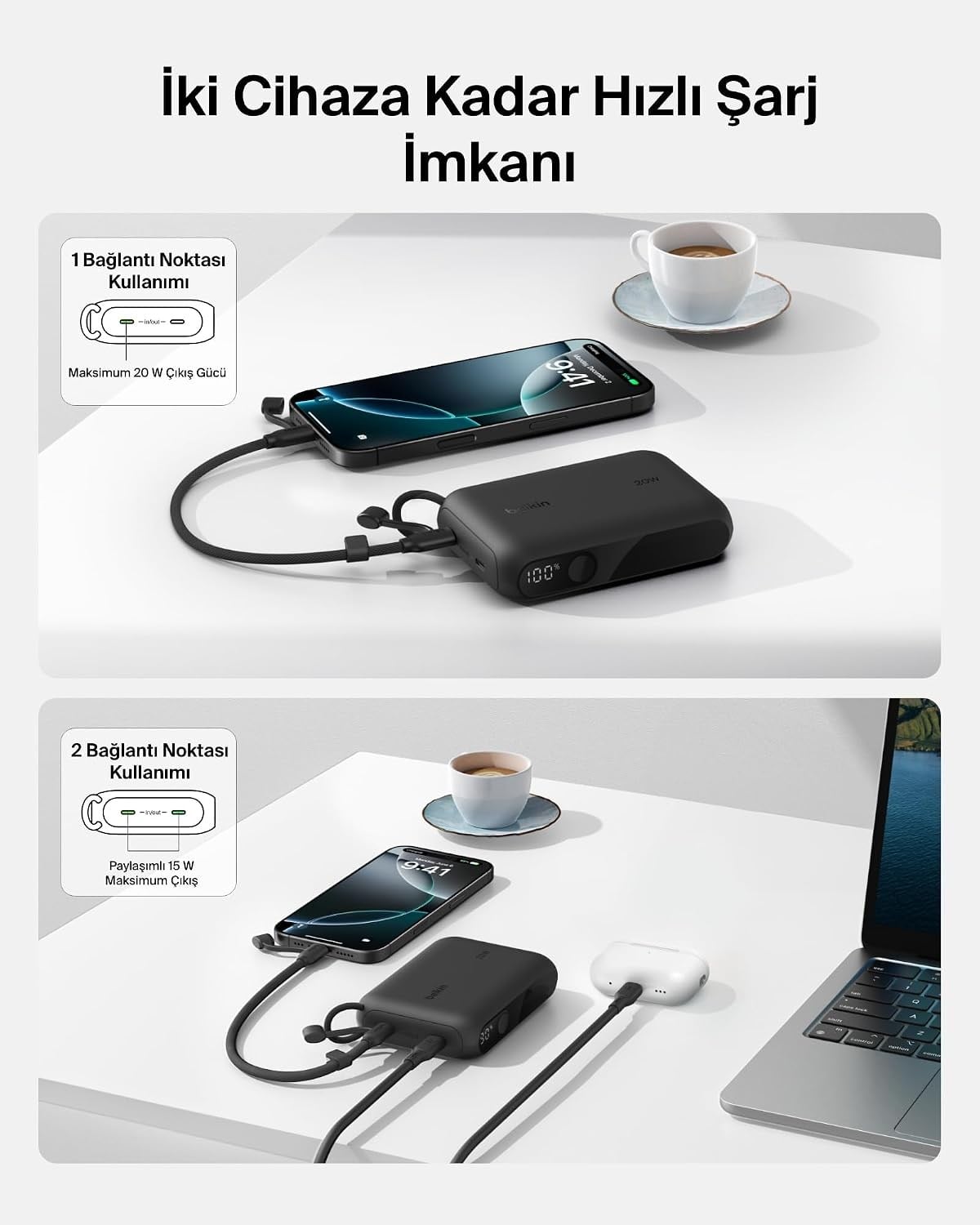 Belkin Taşınabilir Şarj Cihazı, 10.000 mAh USB-C İnce Güç Kaynağı, 2 USB-C Port, Dijital Pil Göstergesi, 20 W Hızlı Şarj