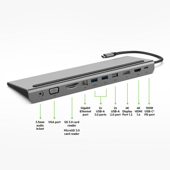Belkin USB-C Hub, 11'i 1 arada Çoklu Bağlantı Noktalı Adaptör Yuvası, 4K HDMI, DisplayPort, VGA, USB-C ve 100W, Bağlı Cihazdan Şarj Etmek İçin, 3x USB A, Gigabit Ethernet, SD, MicroSD, 3,5 mm Jak