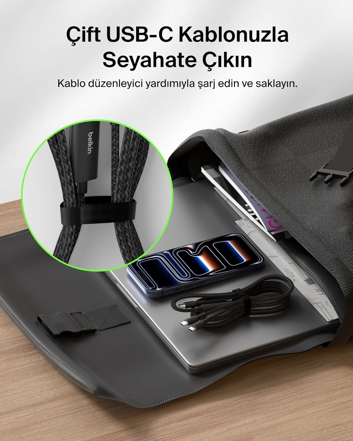 Belkin BoostCharge Pro 2'si 1 Arada 140 W USB-C - USB-C Örgülü Çift Şarj Kablosu, 1.5M, Siyah